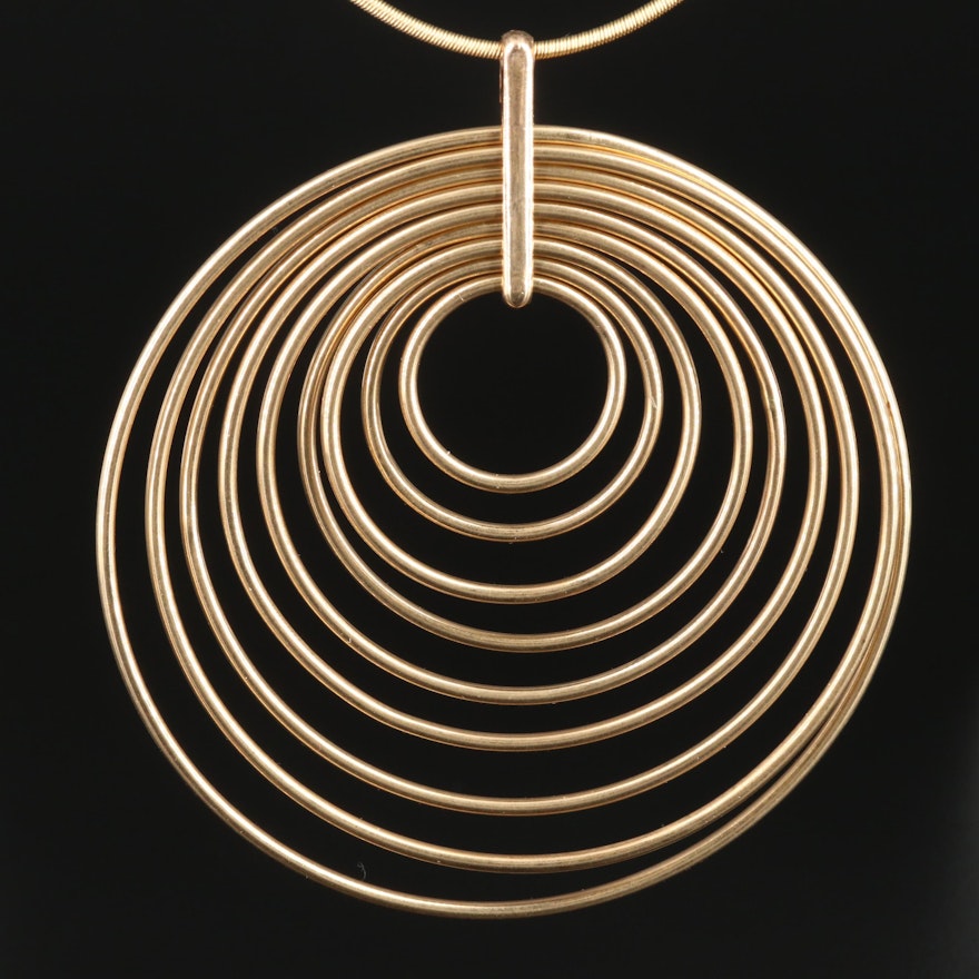 14K Yellow Gold Concentric Ring Pendant on 18K Necklace