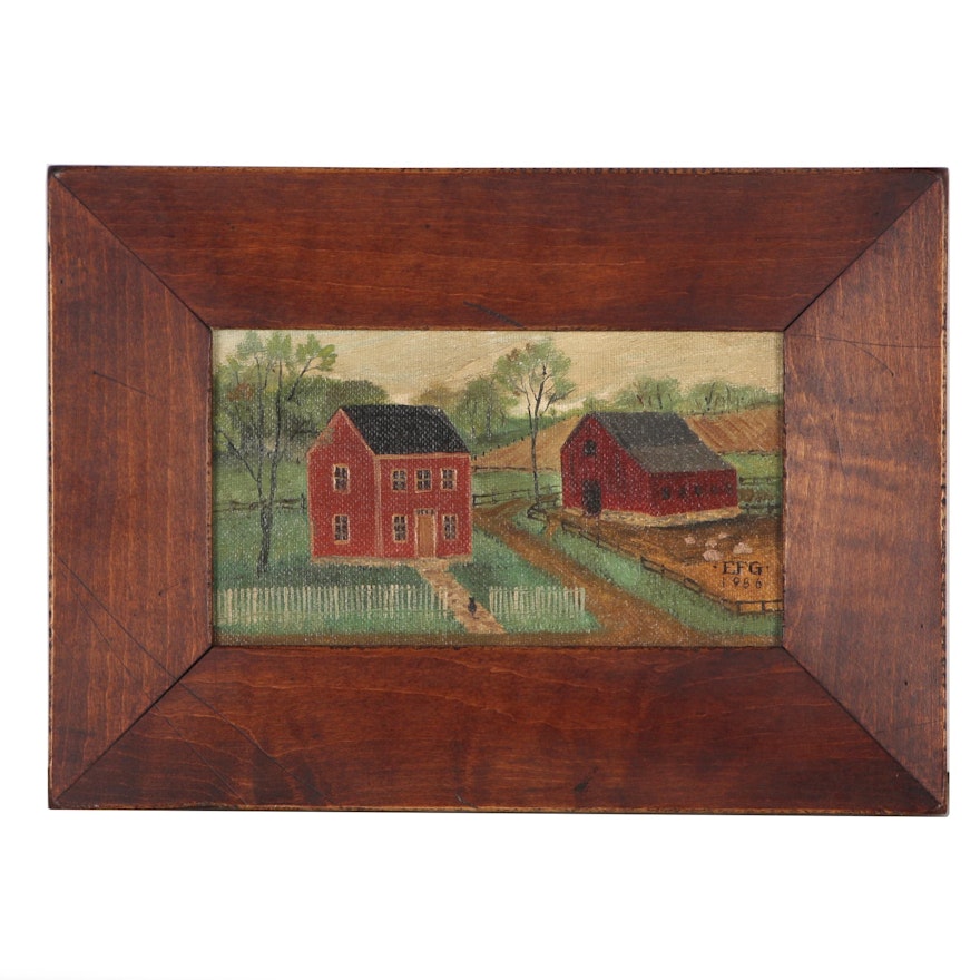 Elizabeth F. Gilkey Folk Art Oil Painting "Pennsylvania Farm House"