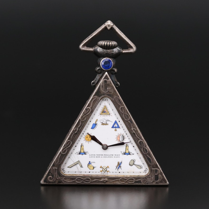 Masonic Silver Triangle Pocket Watch, Circa 1930's