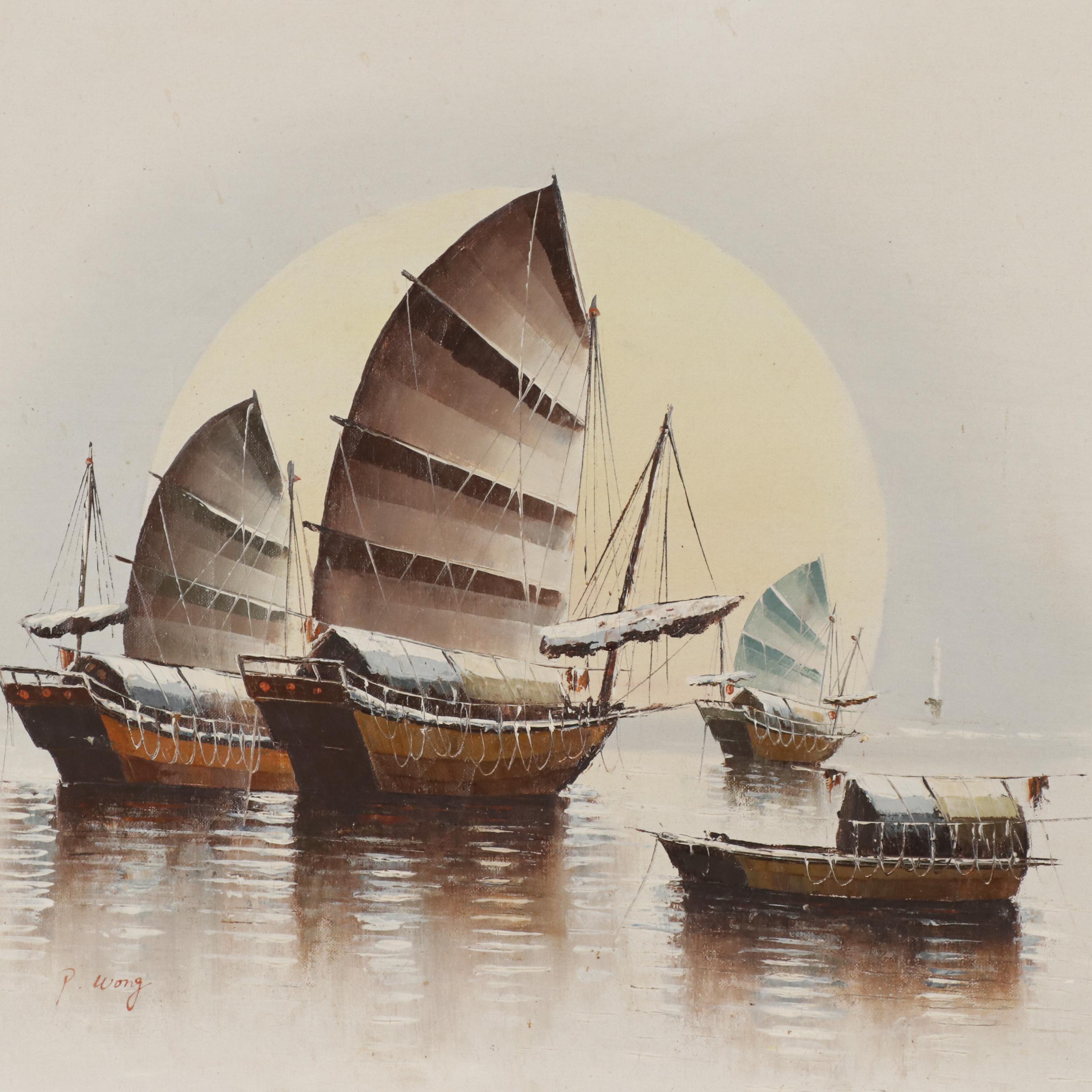P. Wong Oil Painting of Southeat Asian Junk Boats in Harbor