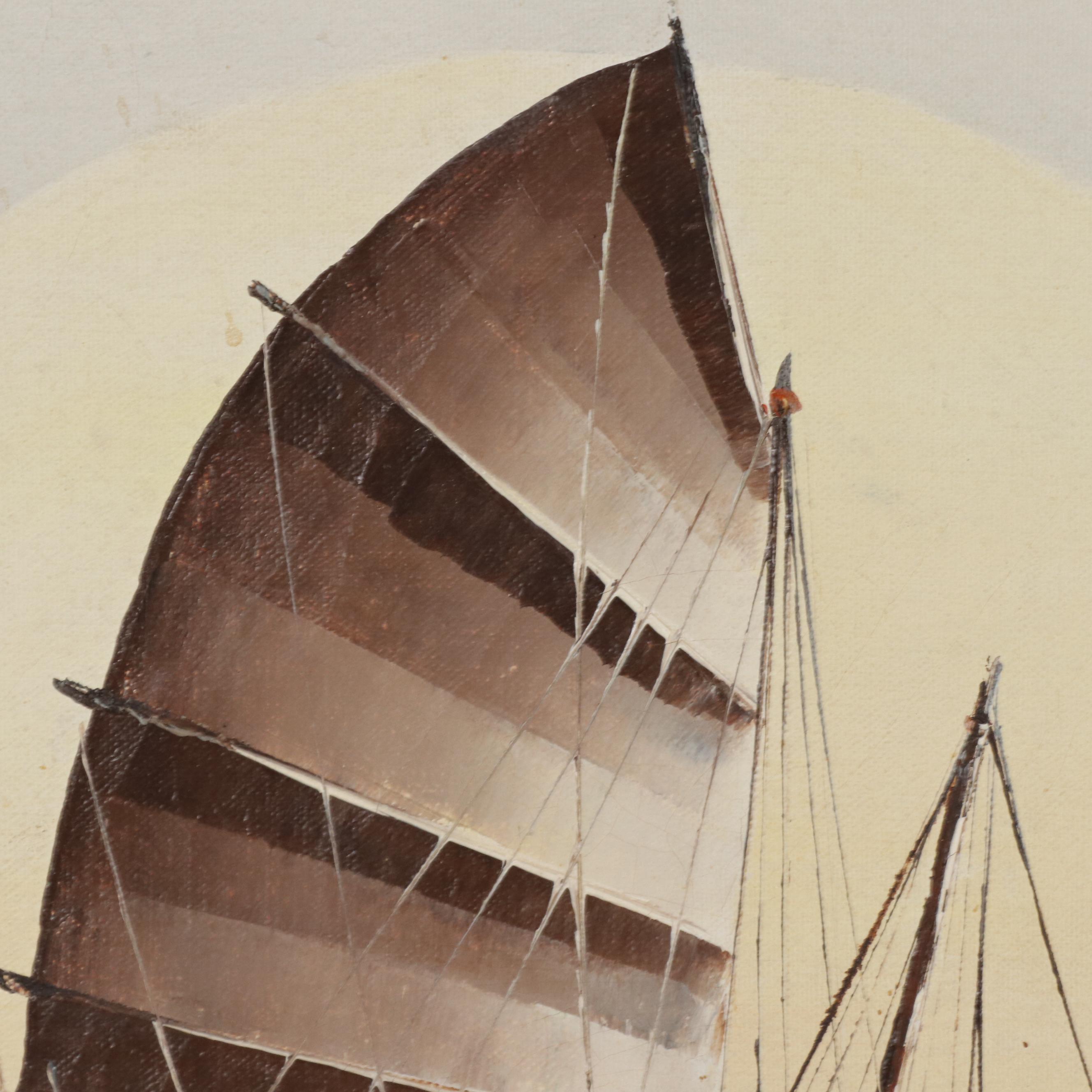 P. Wong Oil Painting of Southeat Asian Junk Boats in Harbor