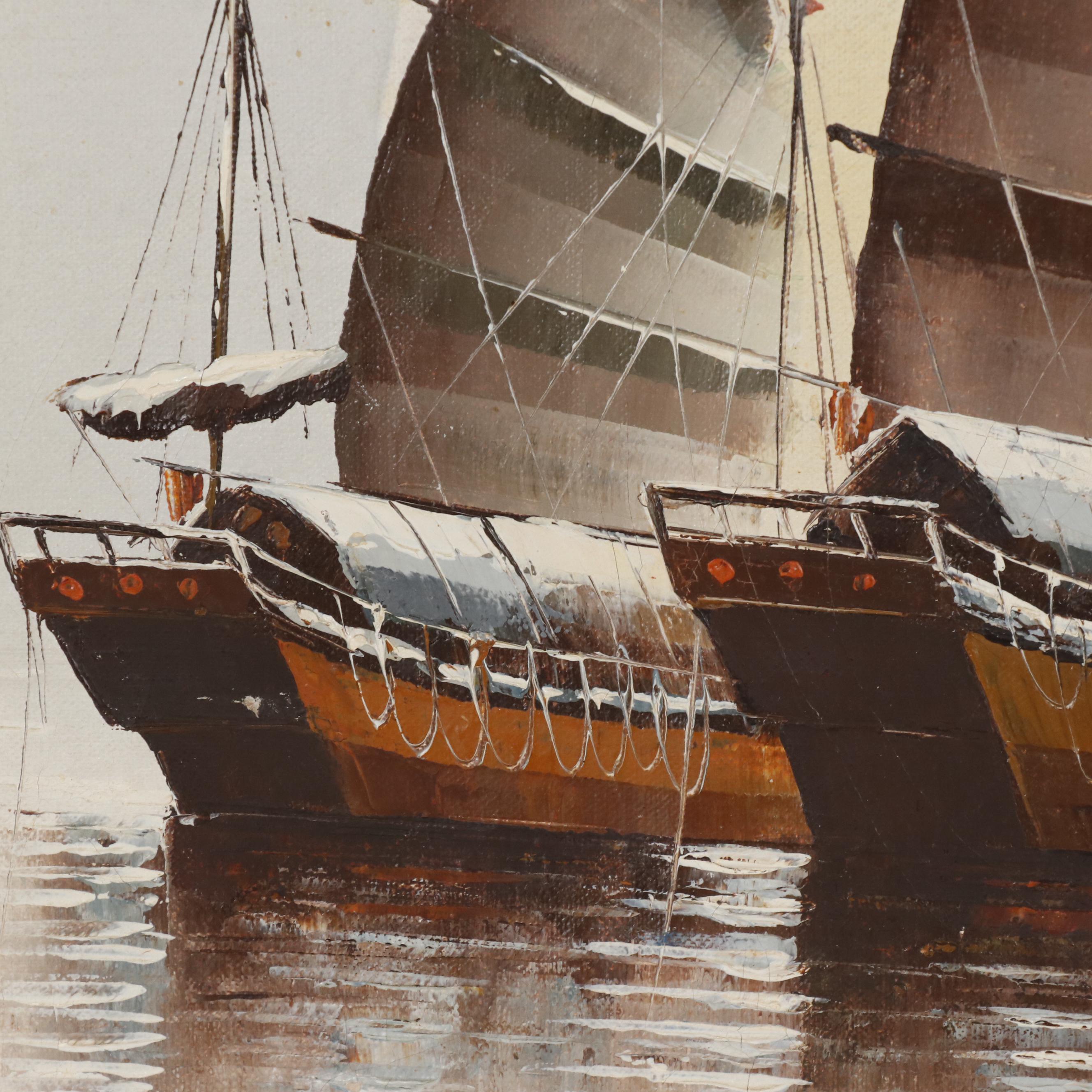P. Wong Oil Painting of Southeat Asian Junk Boats in Harbor