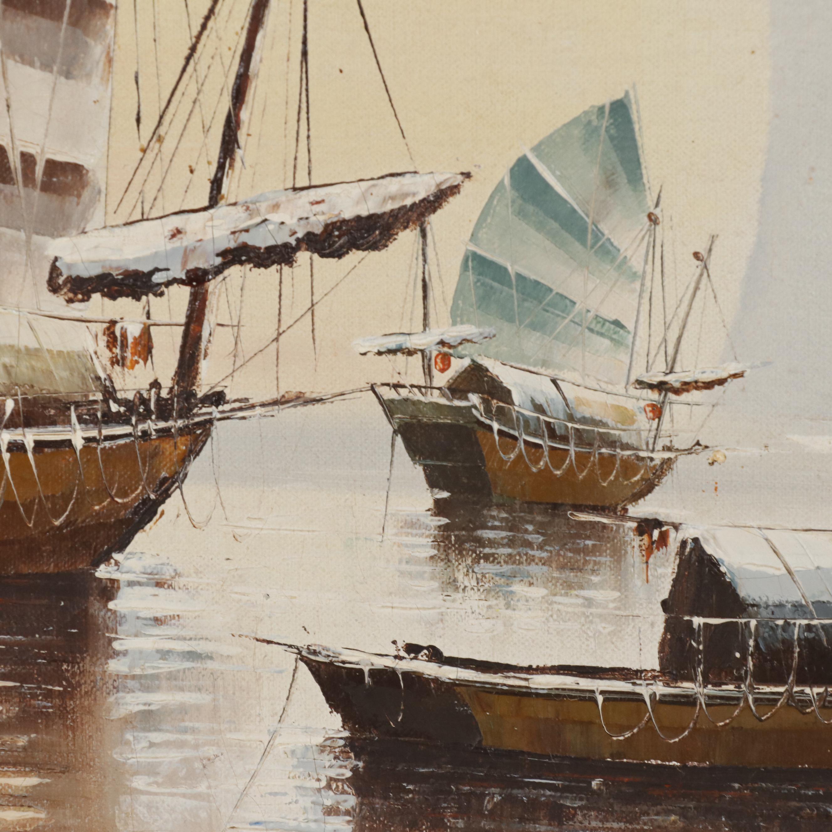 P. Wong Oil Painting of Southeat Asian Junk Boats in Harbor