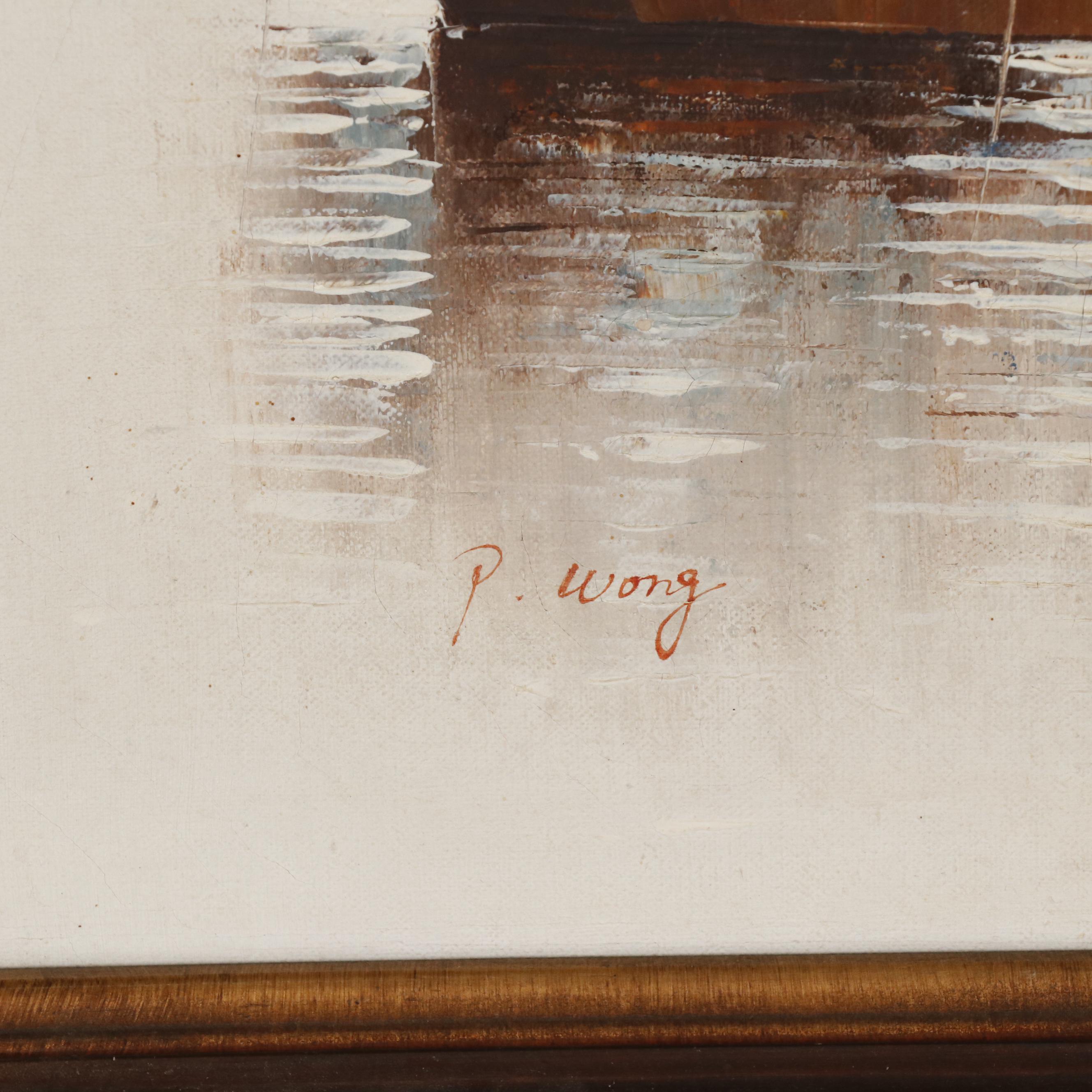 P. Wong Oil Painting of Southeat Asian Junk Boats in Harbor