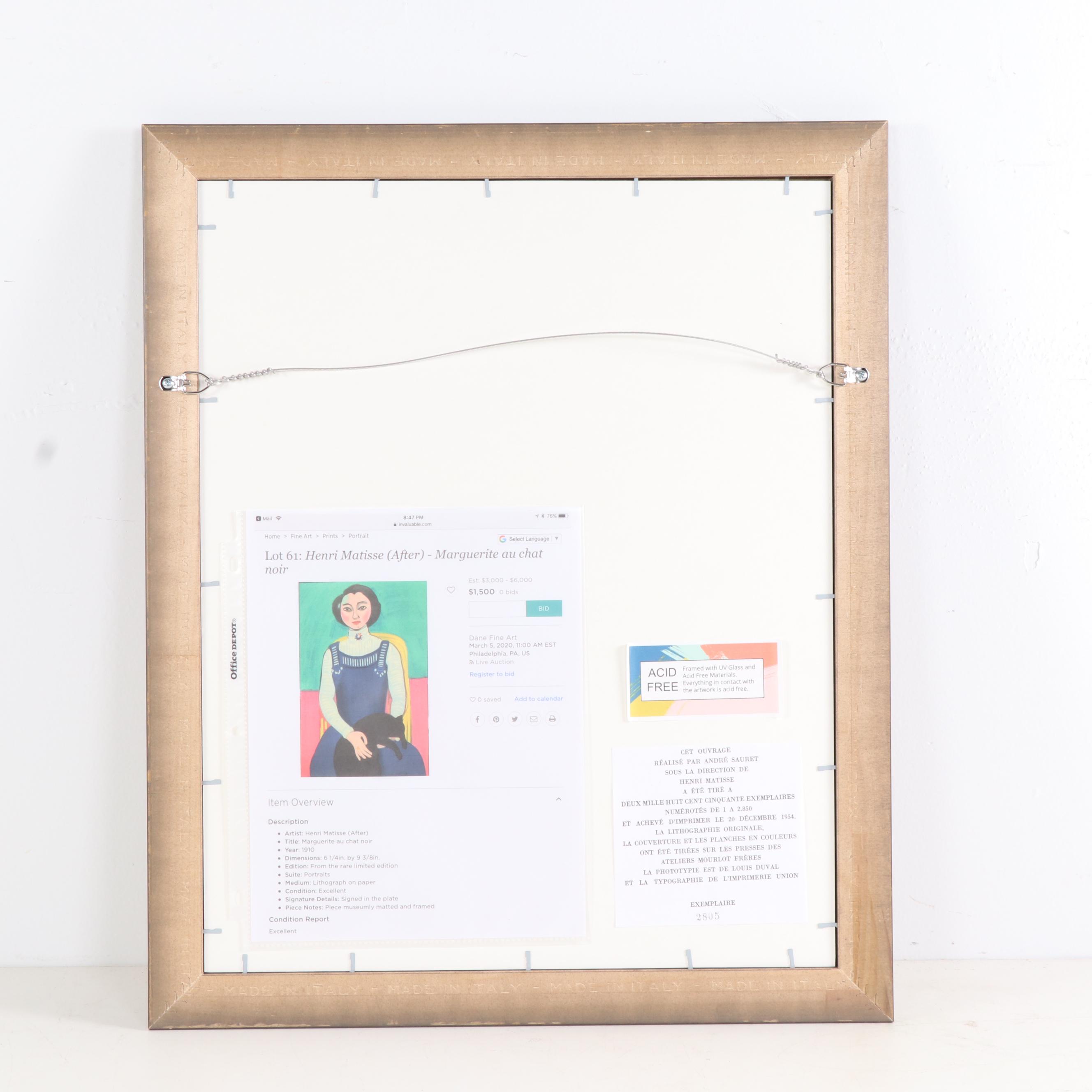 Color Lithograph after Henri Matisse "Marguerite au Chat Noir", 1954