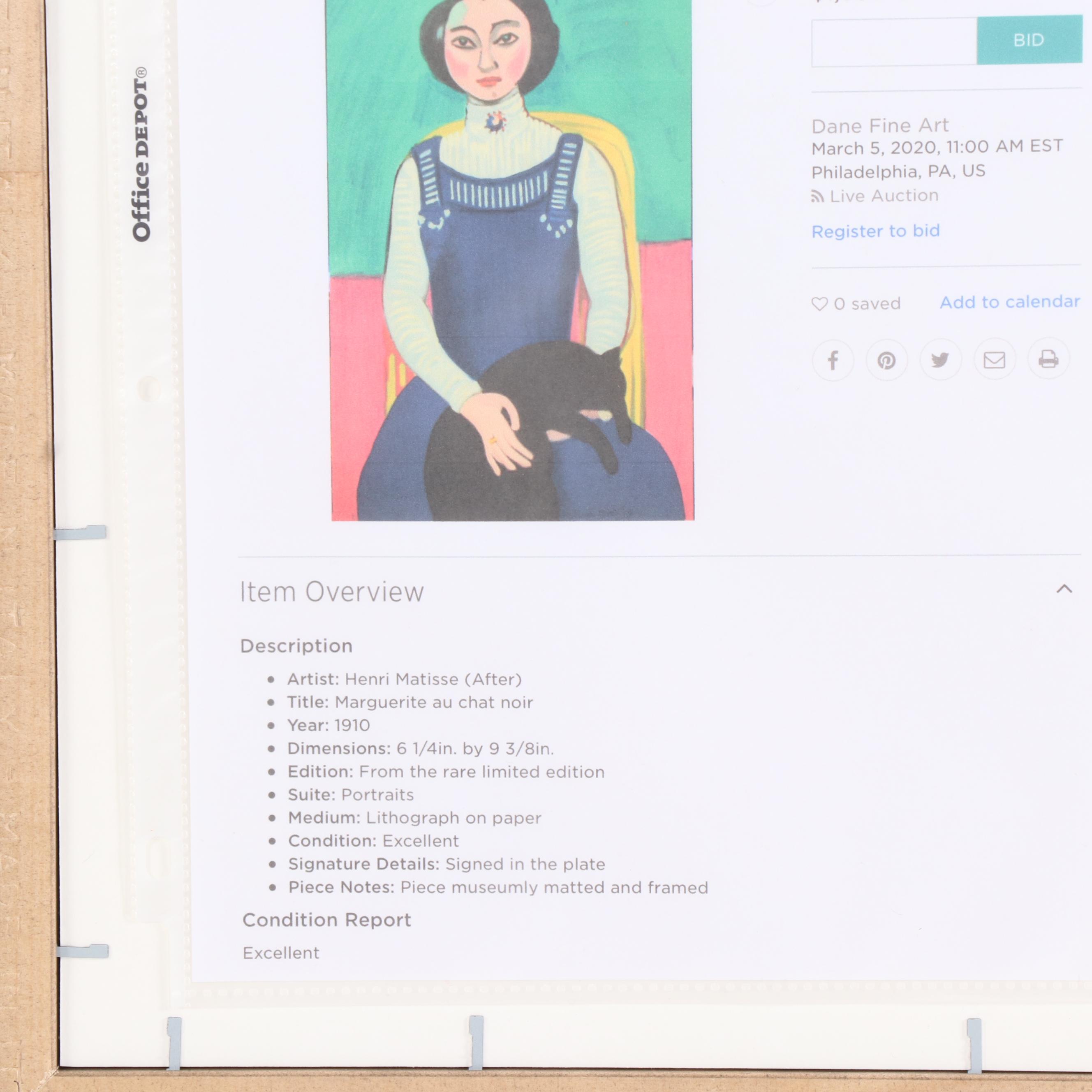 Color Lithograph after Henri Matisse "Marguerite au Chat Noir", 1954