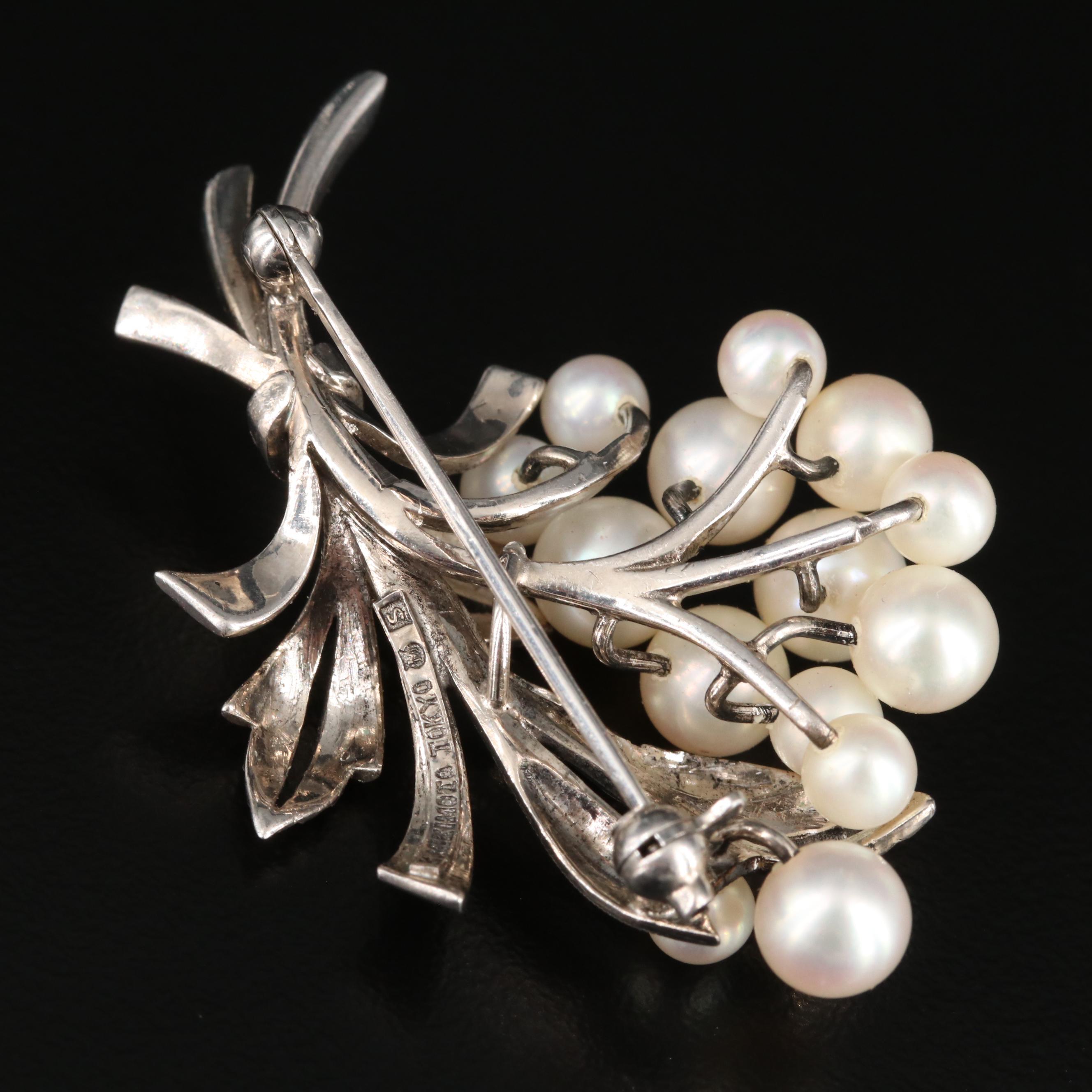 Vintage Mikimoto Sterling Silver Pearl Bouquet Brooch