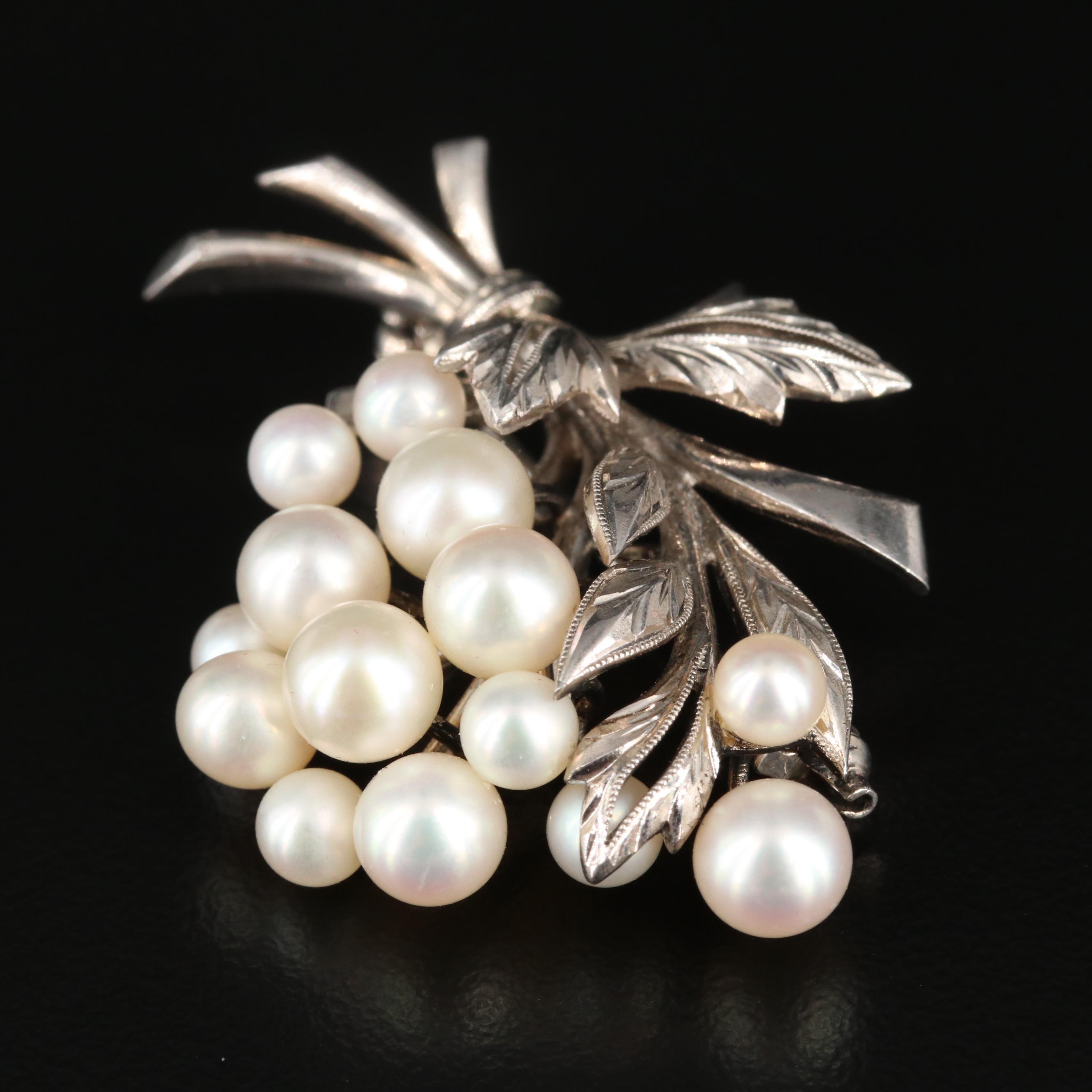 Vintage Mikimoto Sterling Silver Pearl Bouquet Brooch