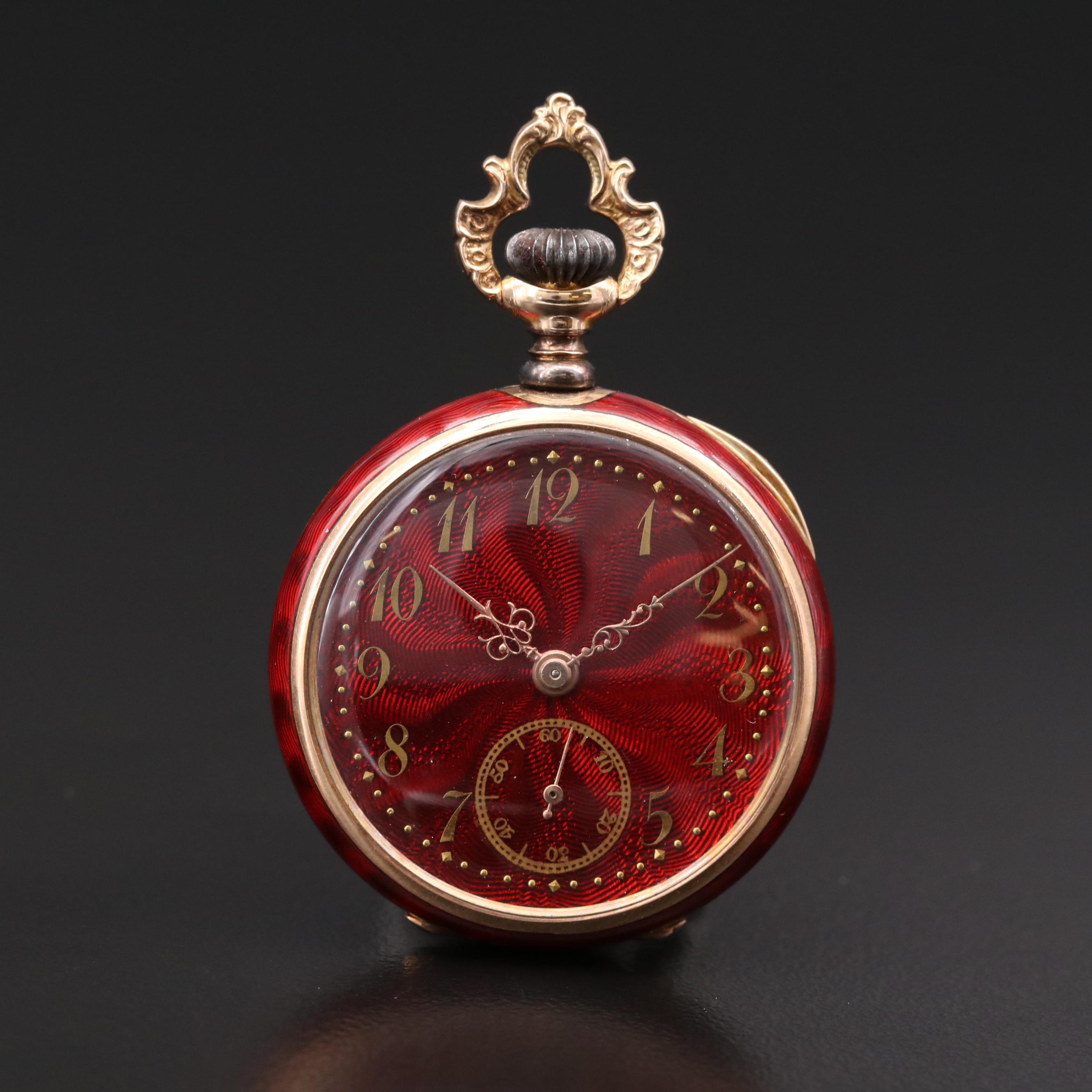 Antique Swiss 14K Gold and Red Enamel Open Face Pocket Watch