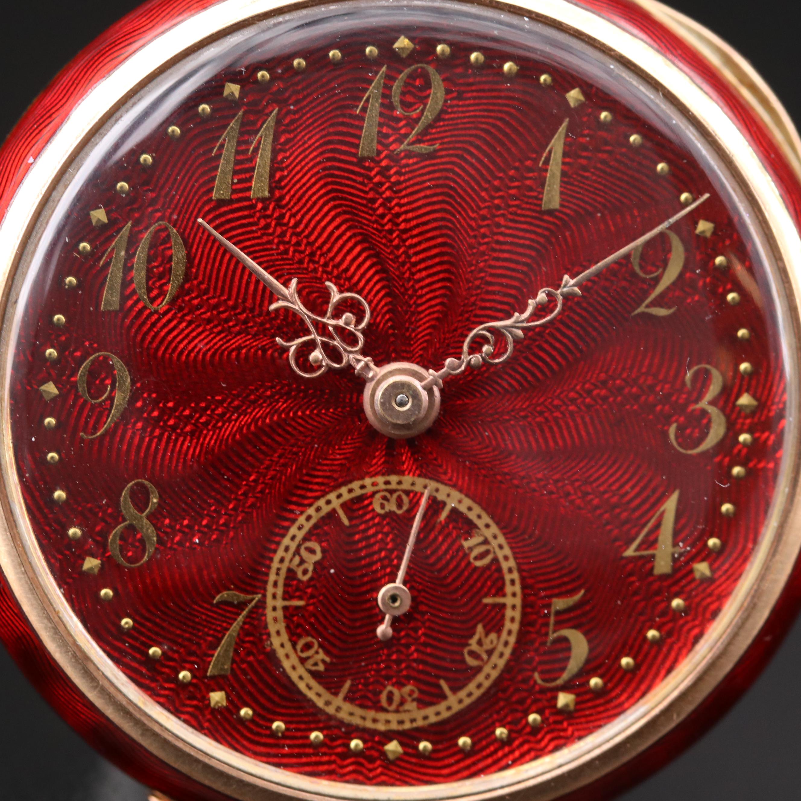 Antique Swiss 14K Gold and Red Enamel Open Face Pocket Watch