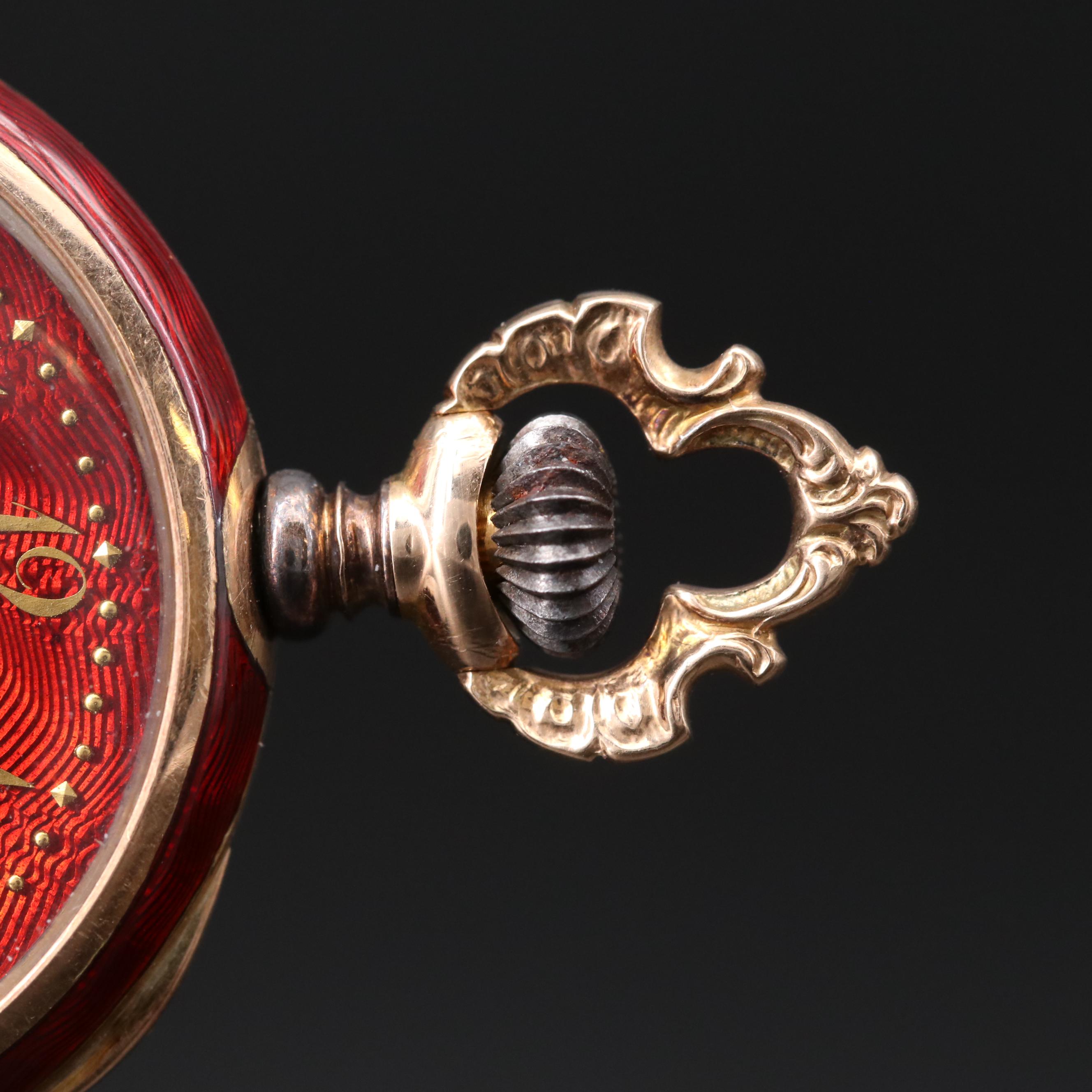 Antique Swiss 14K Gold and Red Enamel Open Face Pocket Watch