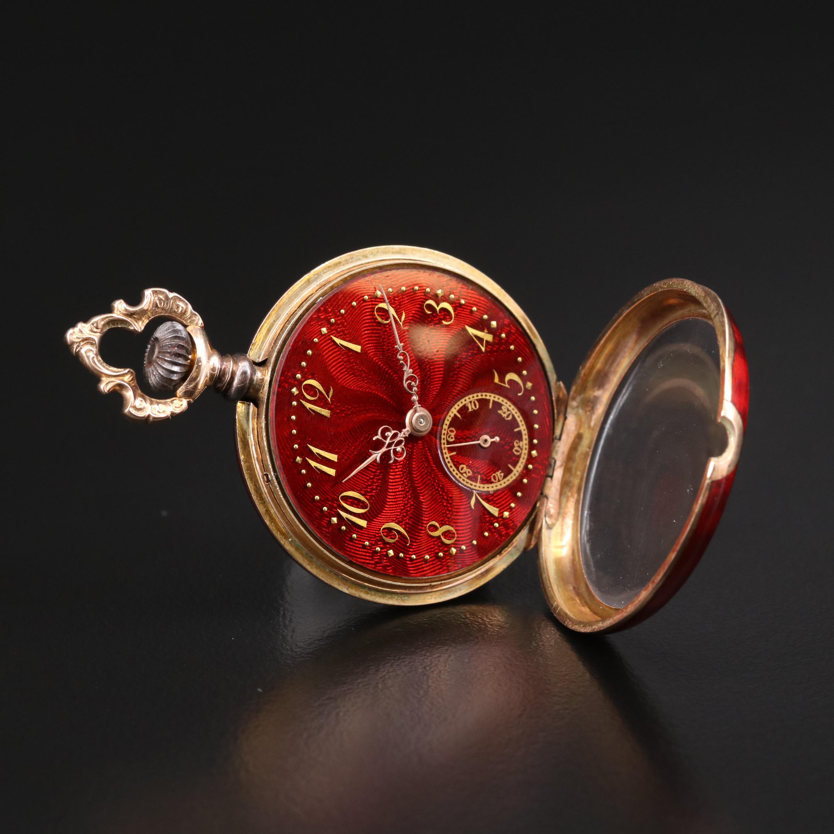 Antique Swiss 14K Gold and Red Enamel Open Face Pocket Watch