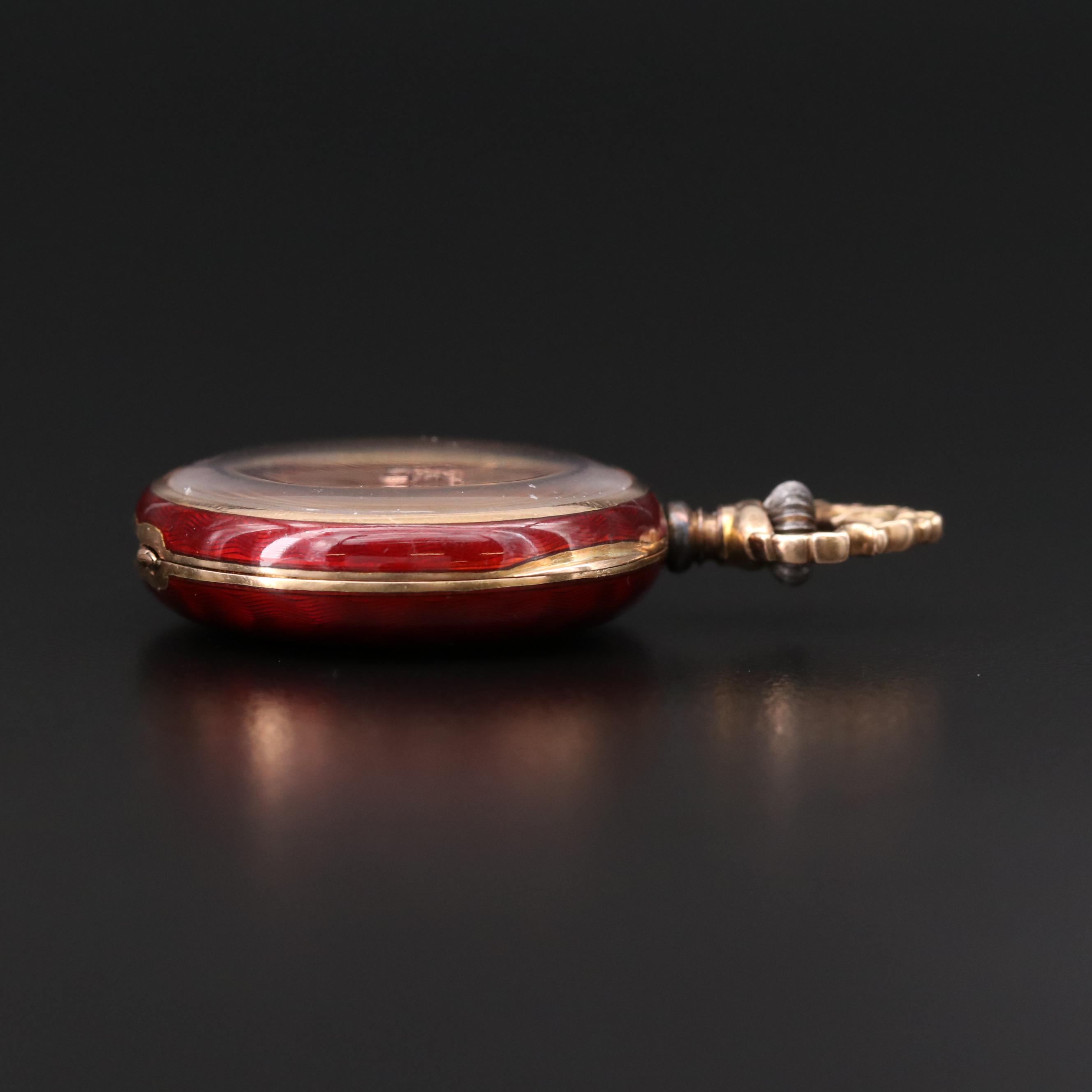Antique Swiss 14K Gold and Red Enamel Open Face Pocket Watch