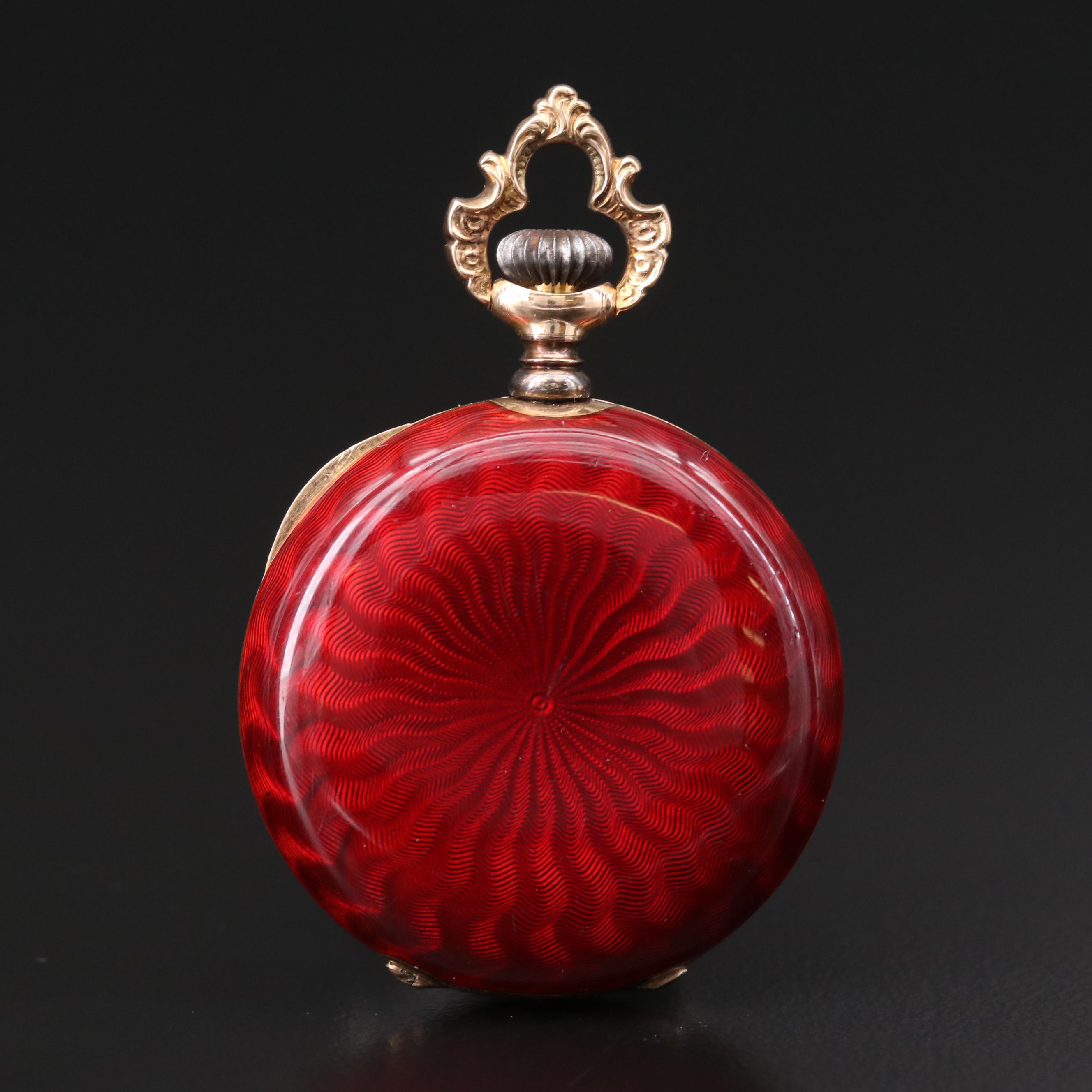 Antique Swiss 14K Gold and Red Enamel Open Face Pocket Watch