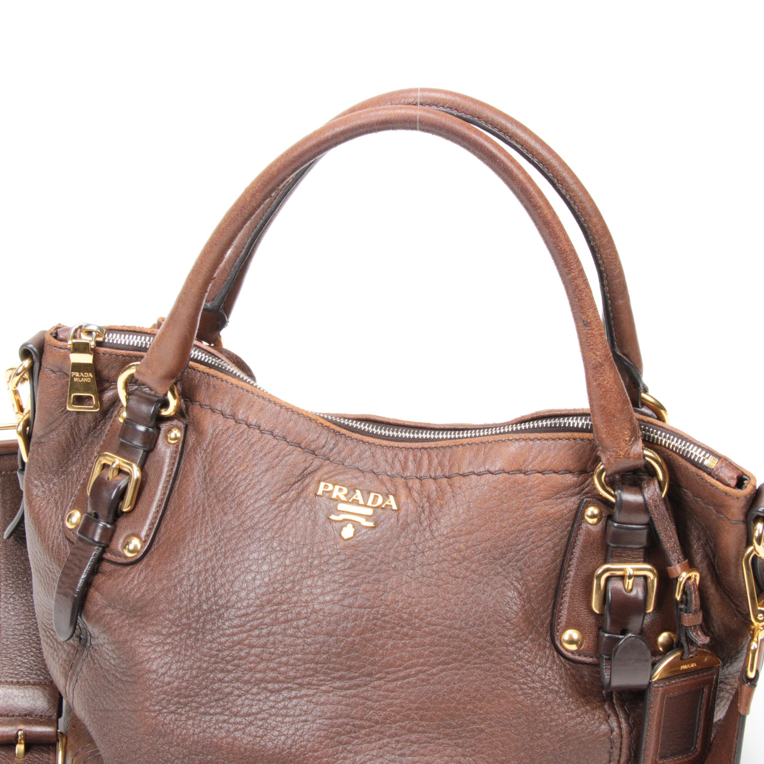 Prada Brown Vitello Daino Leather Convertible Shoulder Bag