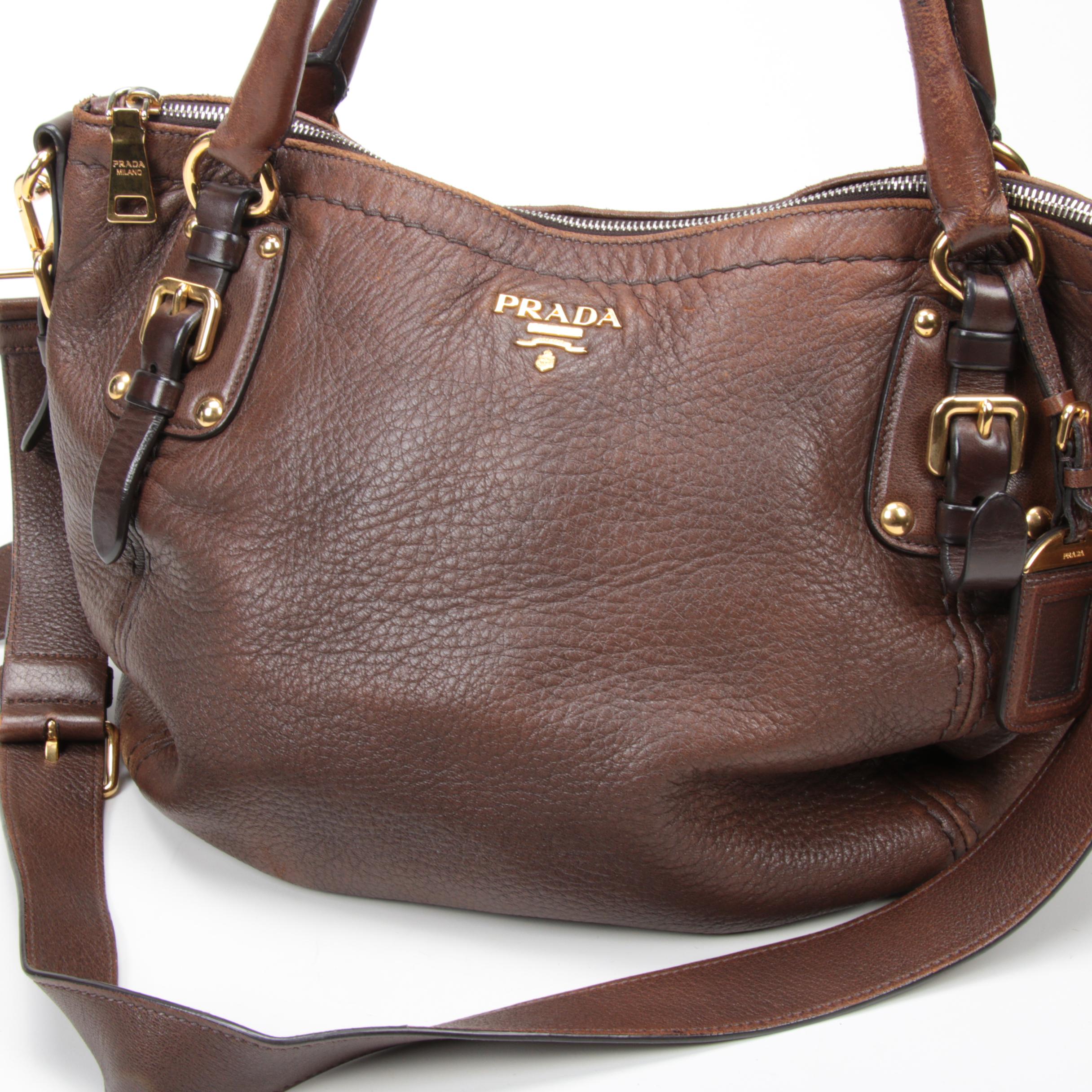Prada Brown Vitello Daino Leather Convertible Shoulder Bag