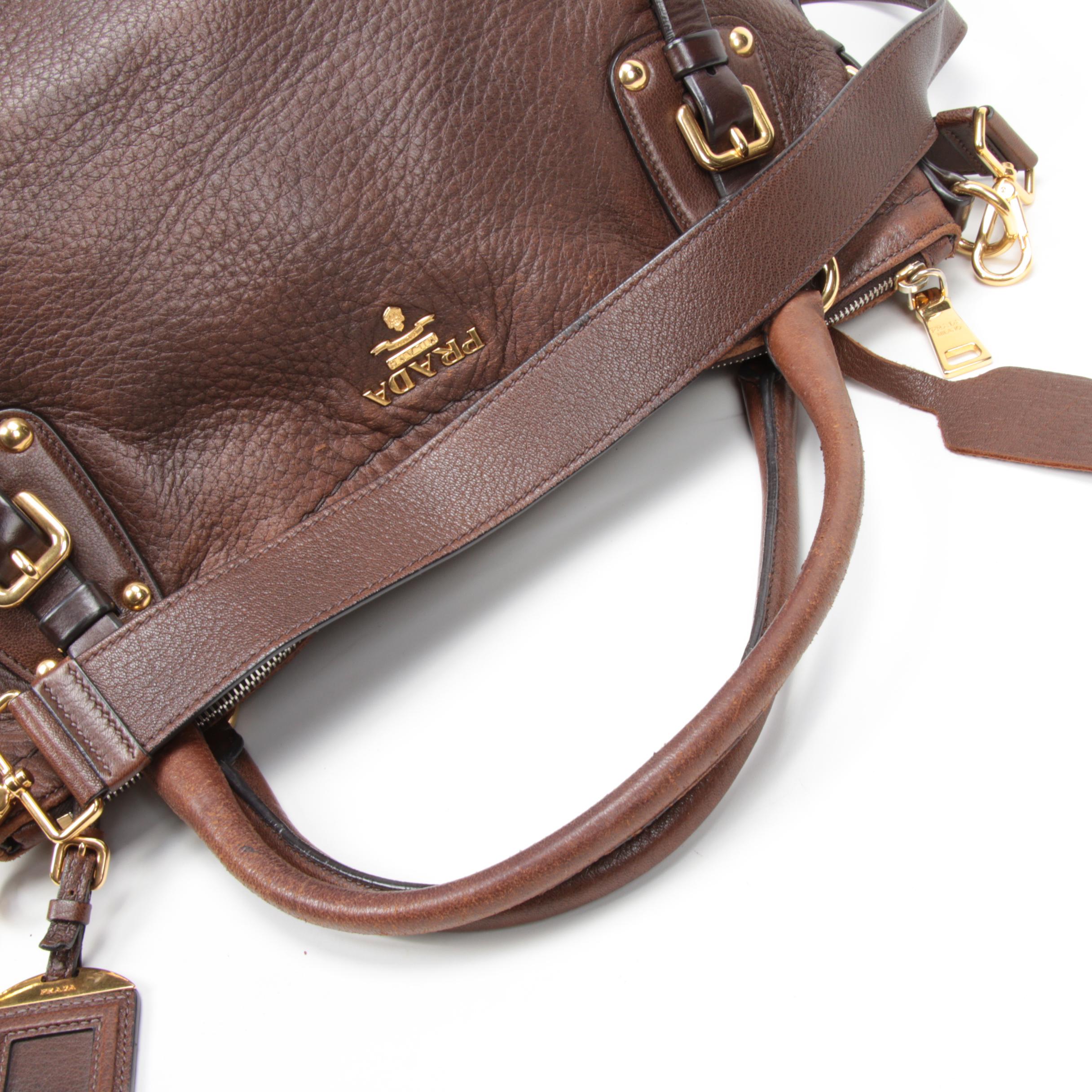 Prada Brown Vitello Daino Leather Convertible Shoulder Bag