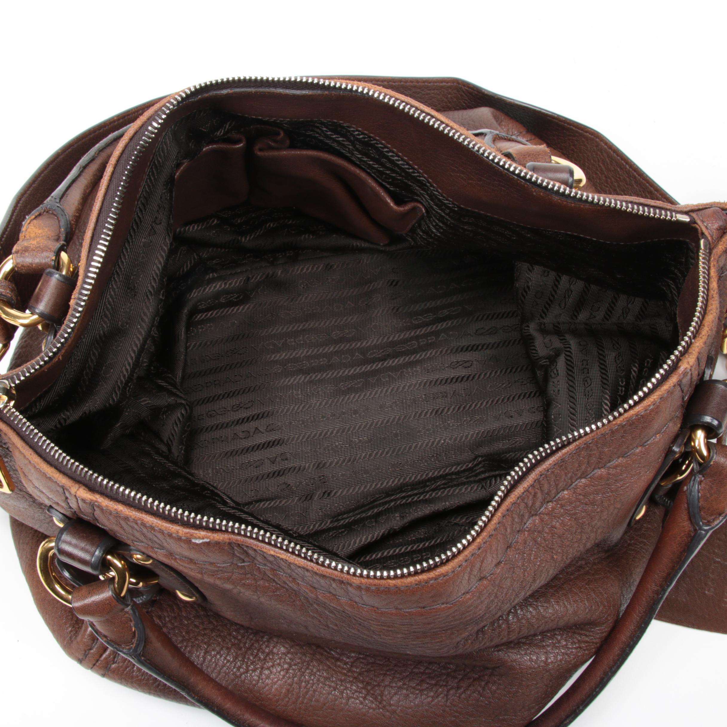Prada Brown Vitello Daino Leather Convertible Shoulder Bag