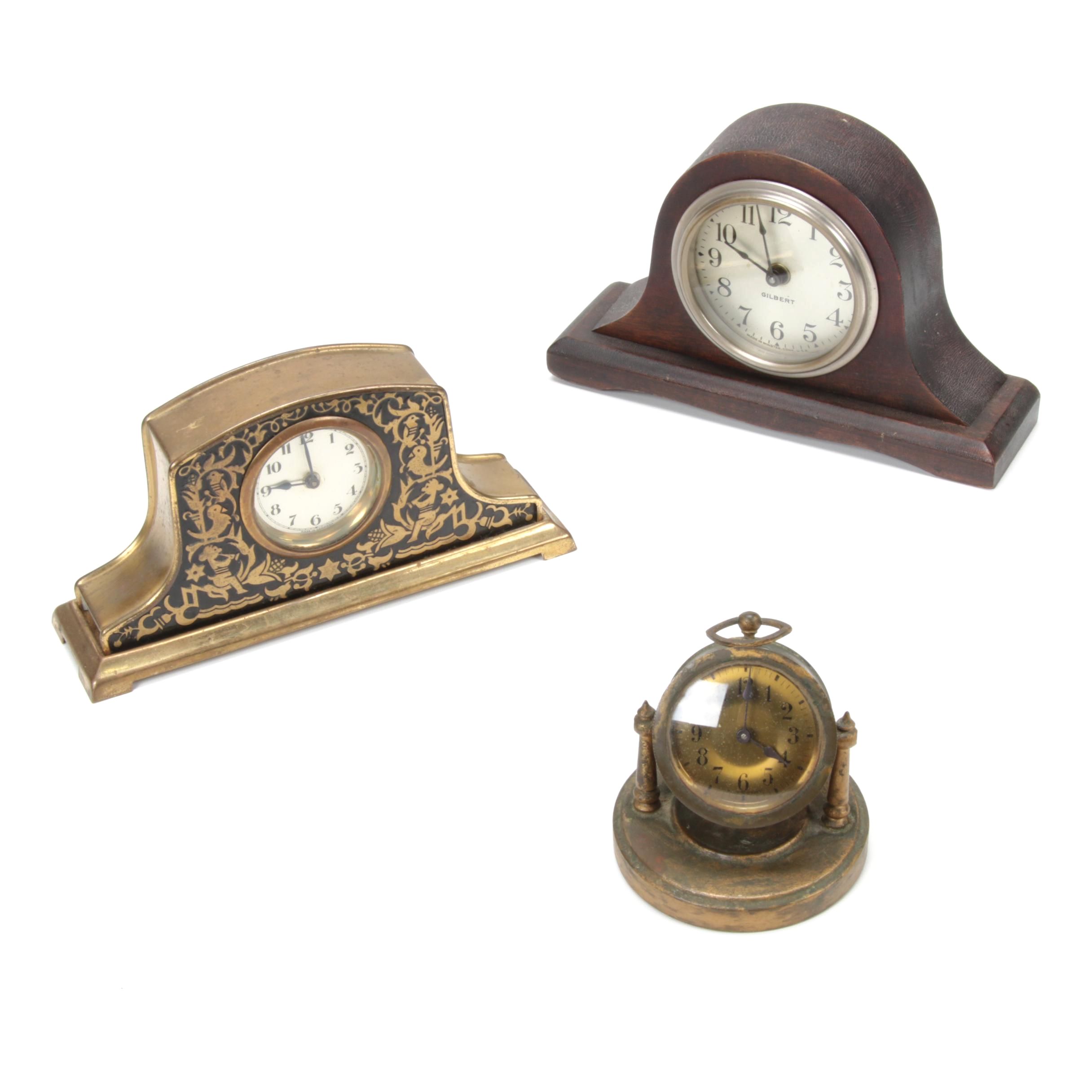 American and German Wind-Up Desk Clocks, Vintage