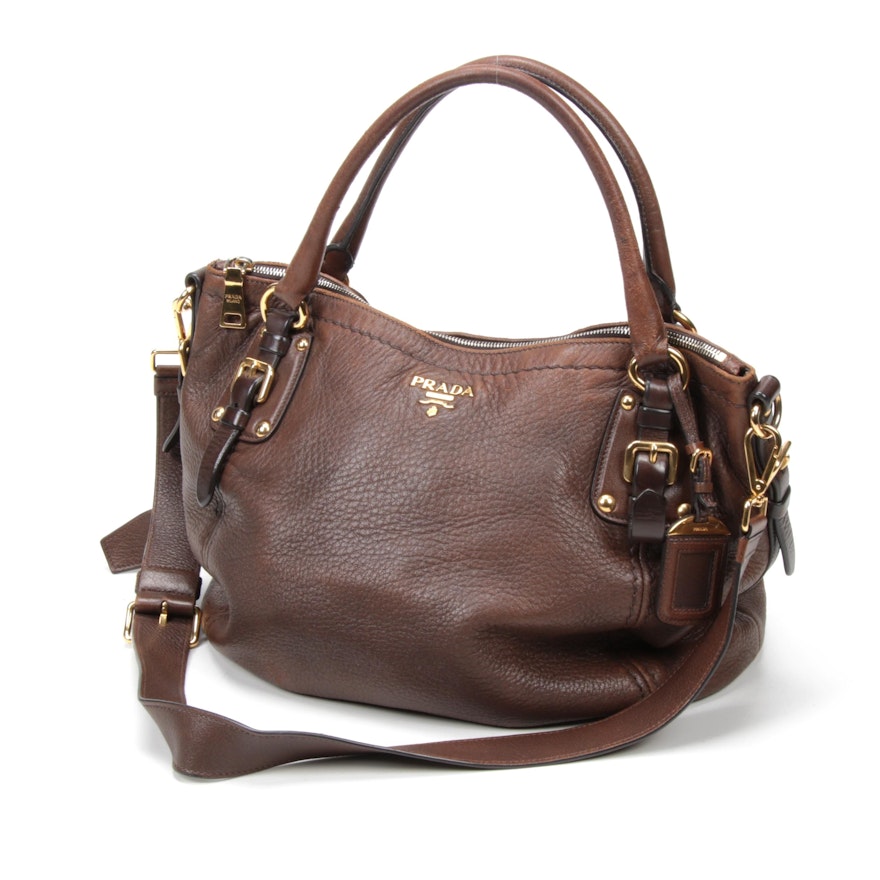 Prada Brown Vitello Daino Leather Convertible Shoulder Bag