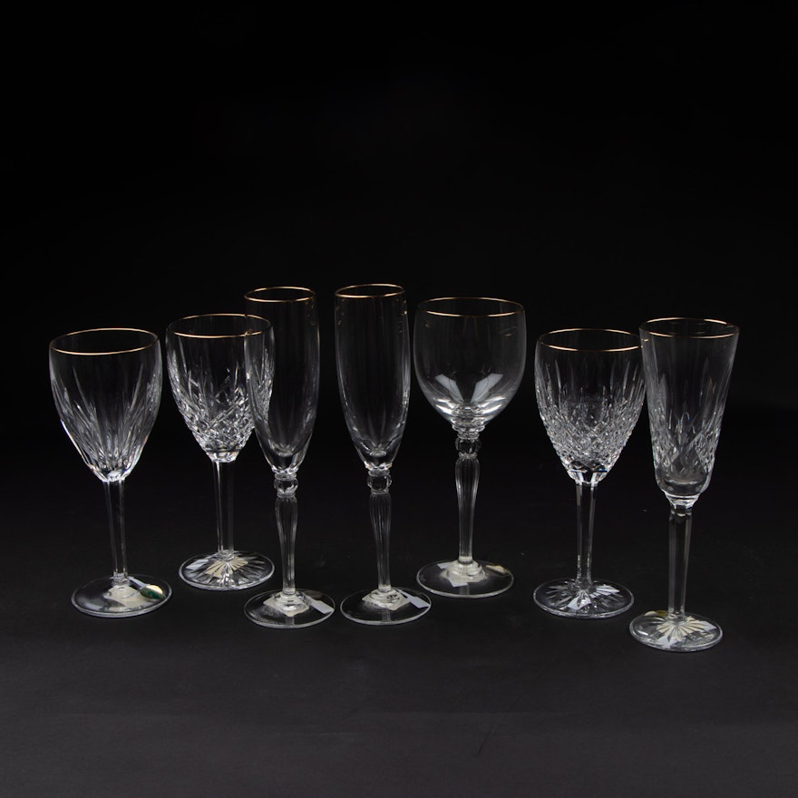 Waterford Crystal Gold Rimmed Goblets and Champagne Flutes