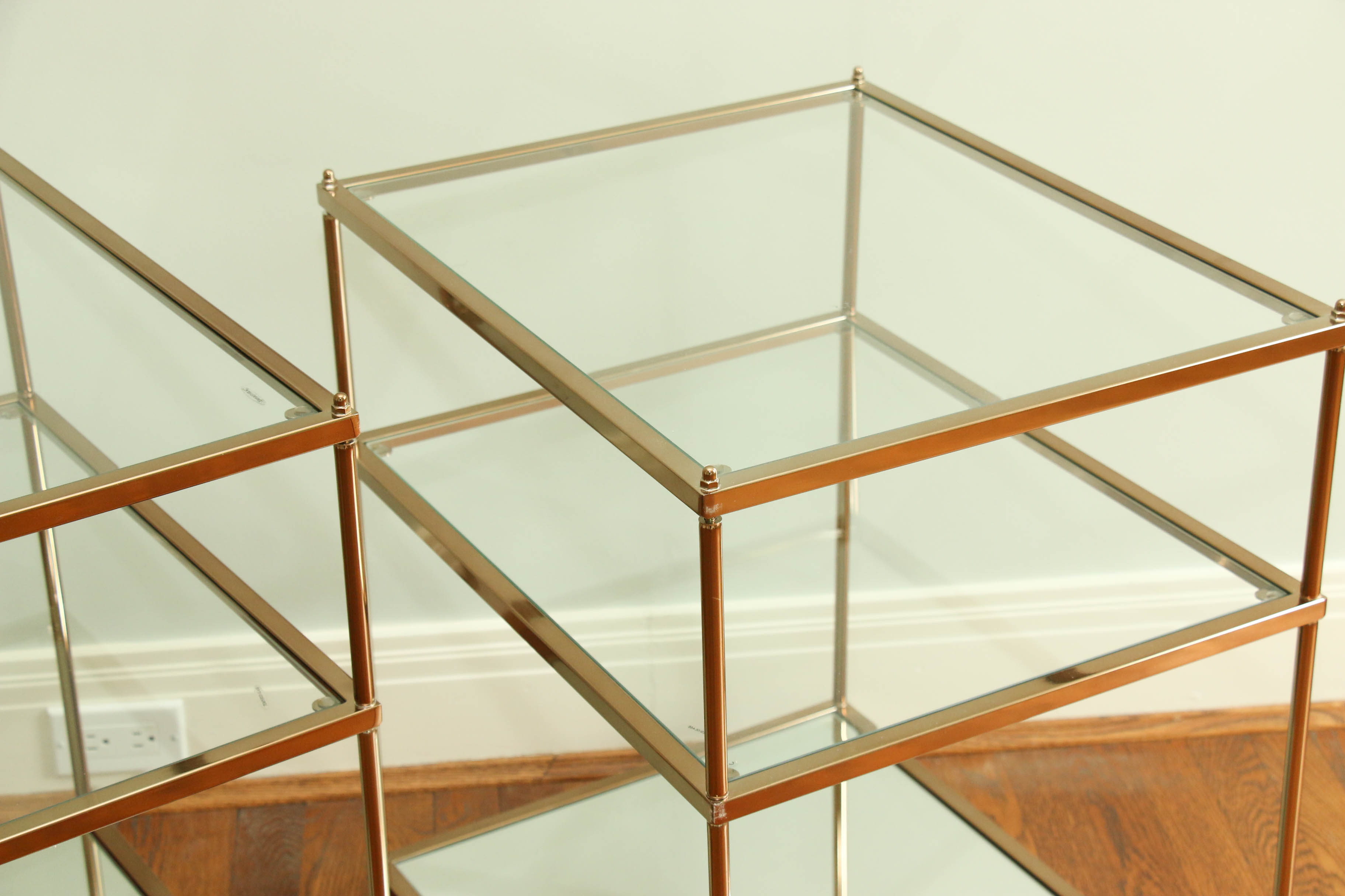 Pair of Gold-Tone Metal Three-Tier Side Tables with Clear and Mirrored Glass