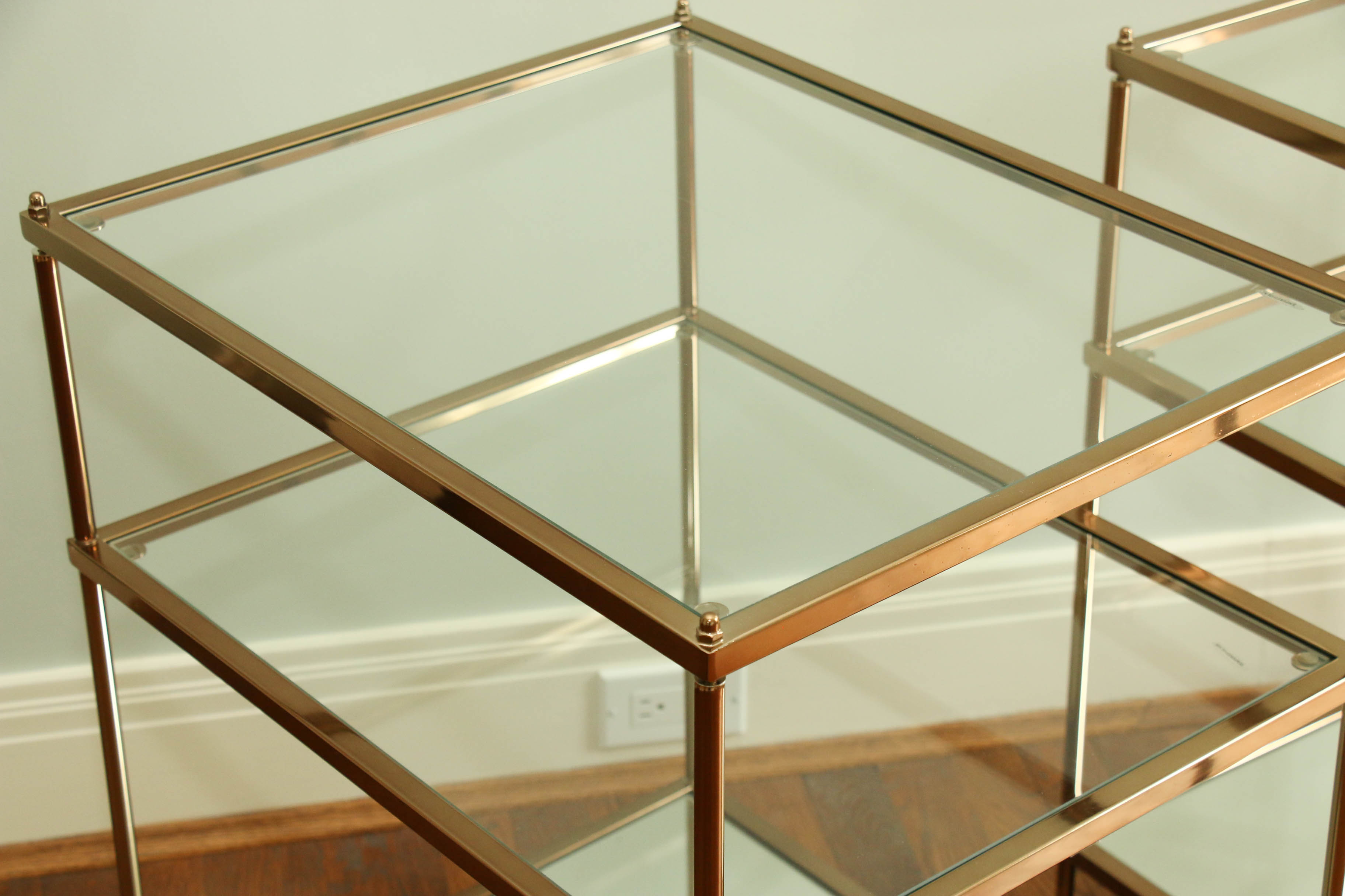 Pair of Gold-Tone Metal Three-Tier Side Tables with Clear and Mirrored Glass
