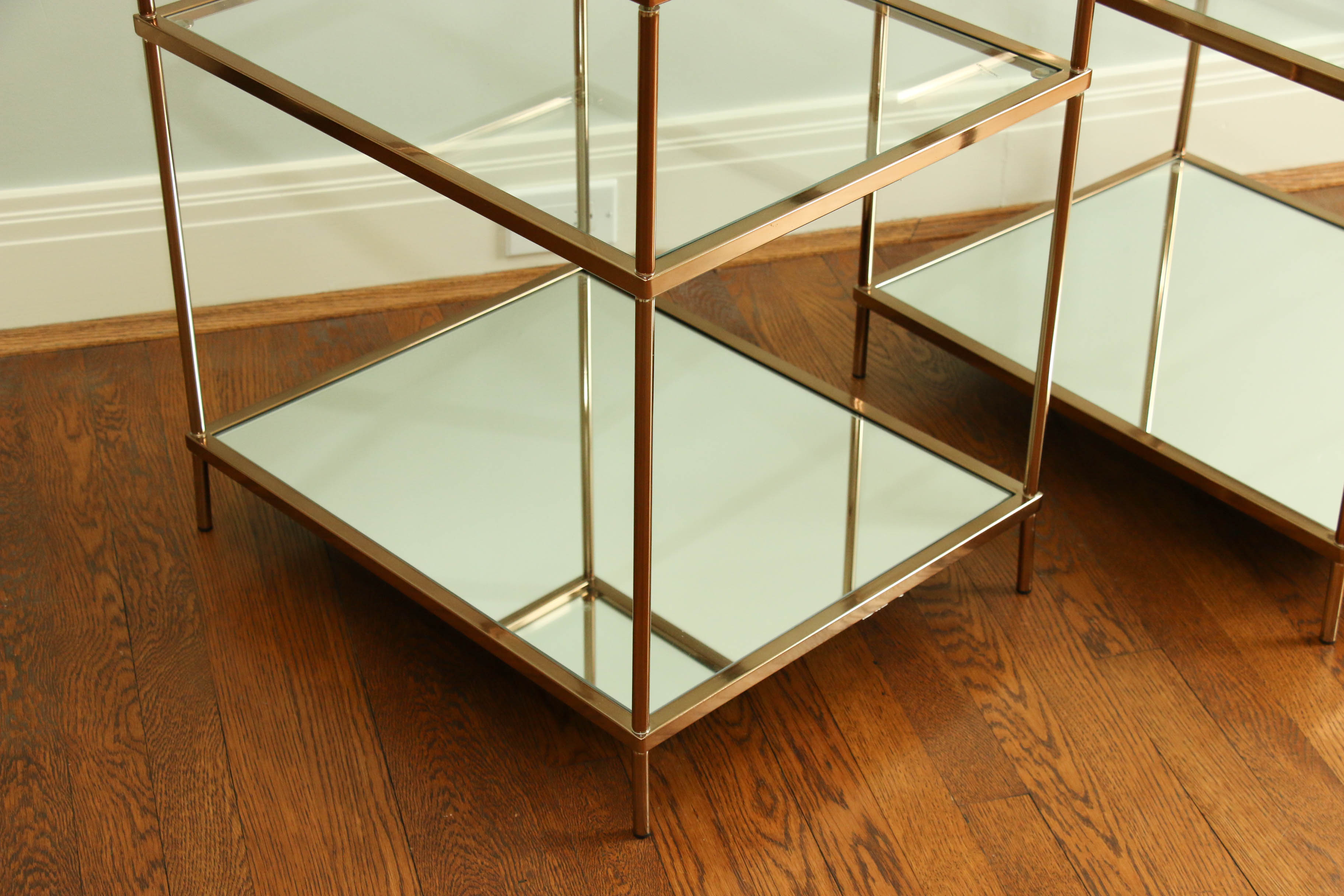 Pair of Gold-Tone Metal Three-Tier Side Tables with Clear and Mirrored Glass
