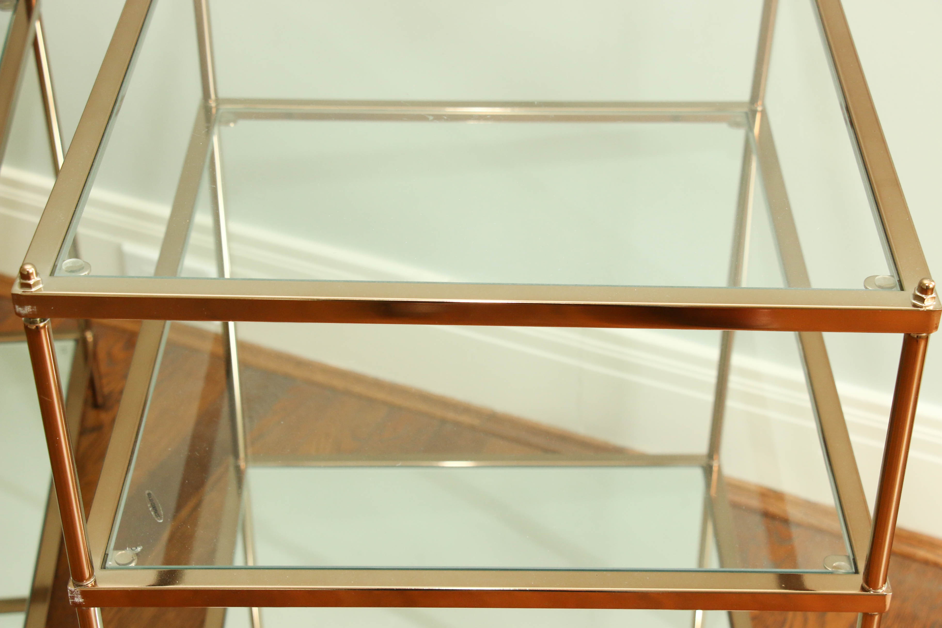 Pair of Gold-Tone Metal Three-Tier Side Tables with Clear and Mirrored Glass