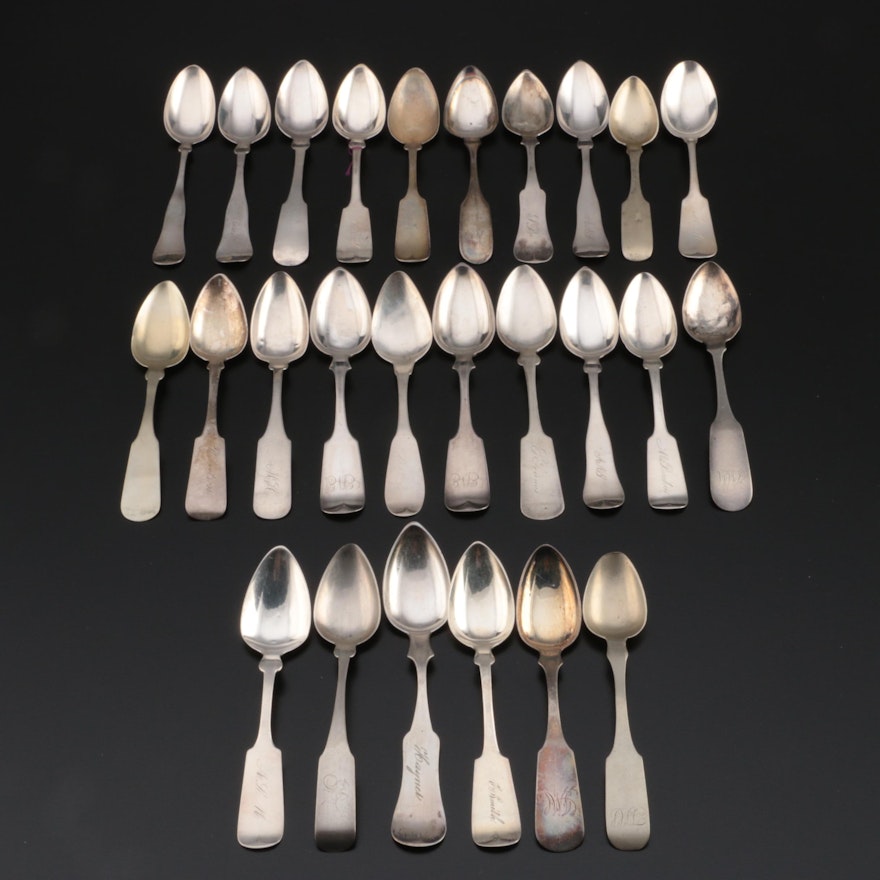 American Fiddle Handle Coin Silver Spoons, Mid-19th Century