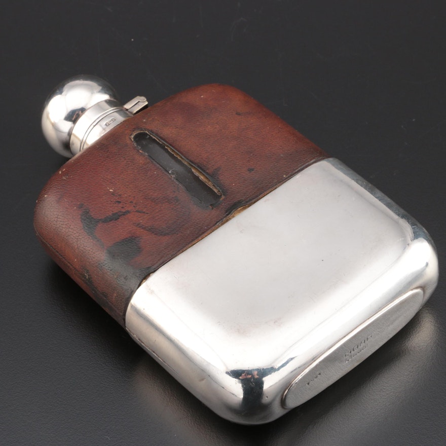 James Dixon & Sons Silver Plate and Leather Gentlemen's Hip  Flask
