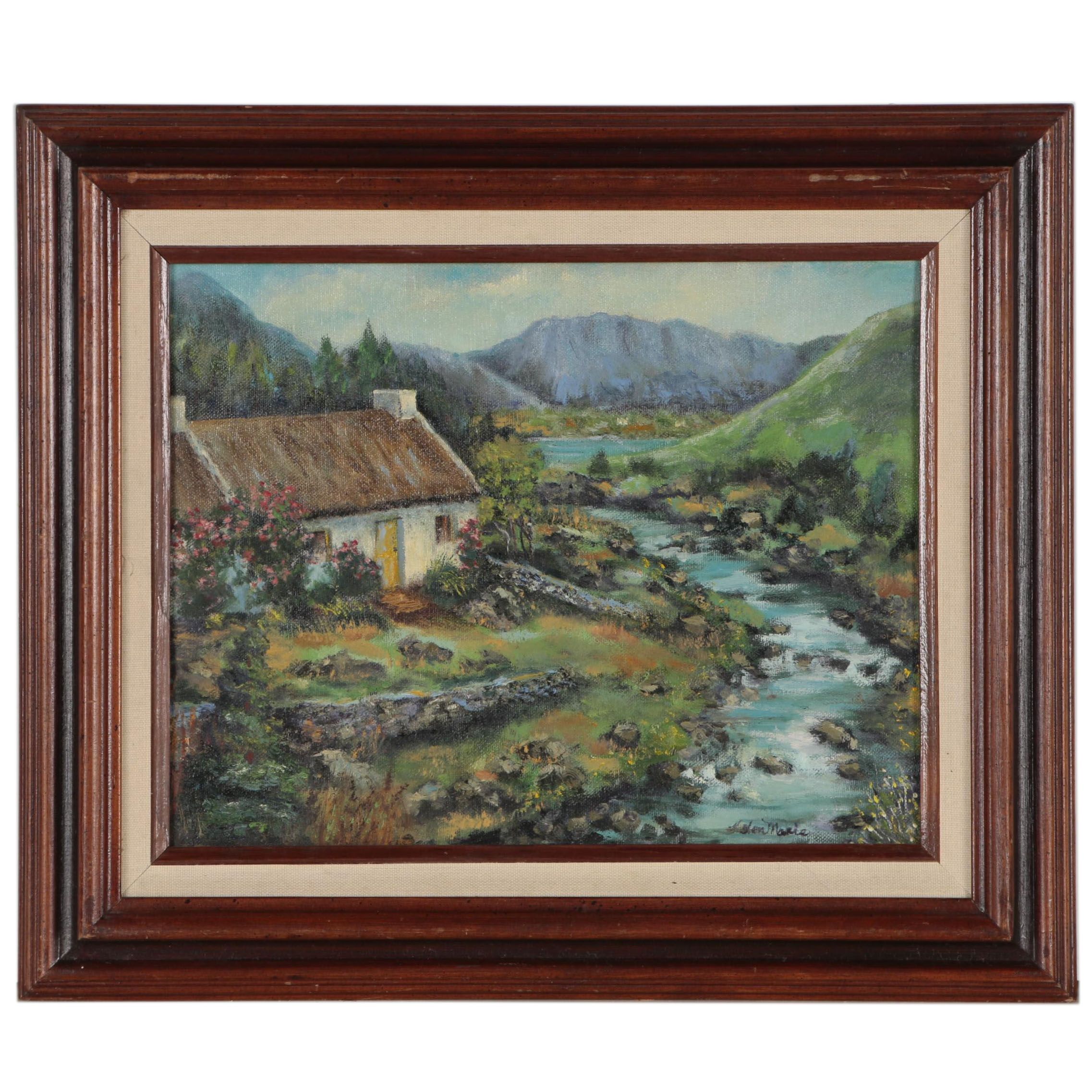 Oil Painting of Cottage by Stream