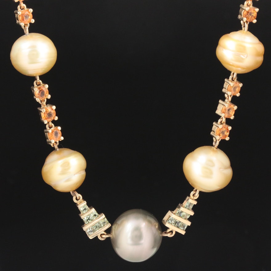 14K Yellow Gold Pearl, Sapphire and Spessartine Garnet Necklace