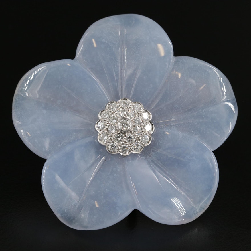 18K Gold Chalcedony and Diamond Flower Converter Brooch