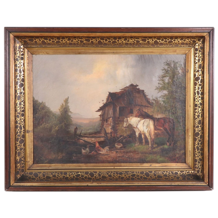 Barnyard Scene with Horses Oil Painting, 19th Century