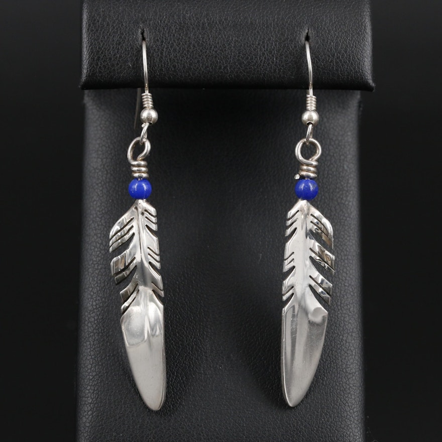 Ray Tracey Navajo Diné Sterling Silver Lapis Lazuli Feather Dangle Earrings