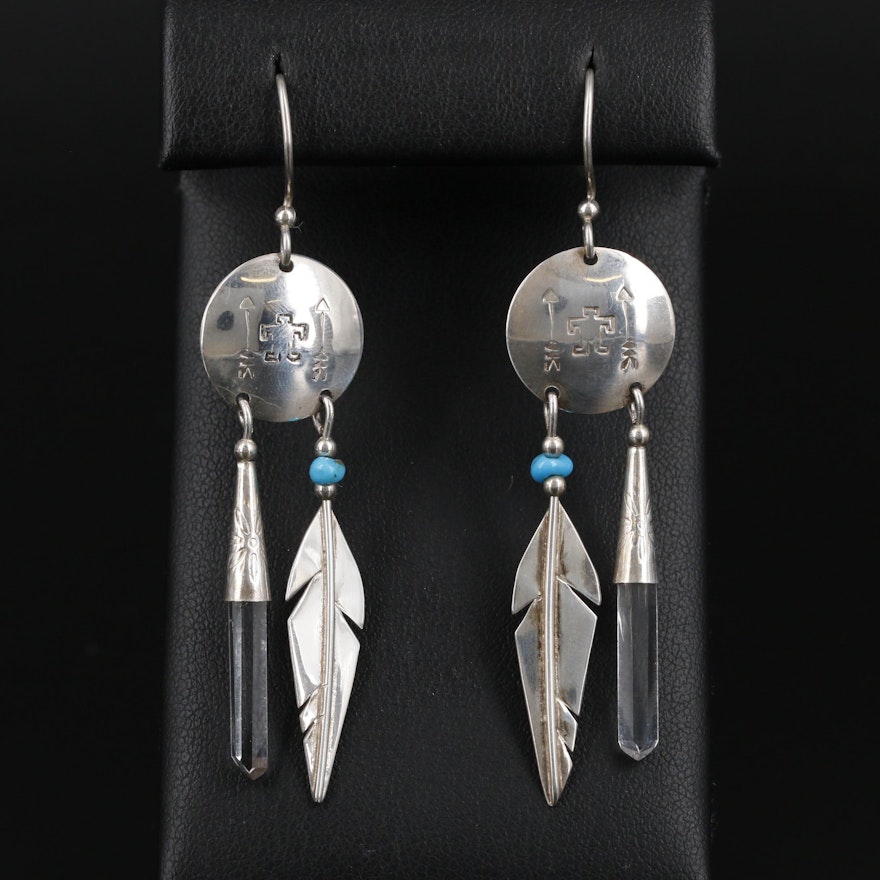Southwestern Sterling Silver Rock Crystal Quartz and Turquoise Dangle Earrings