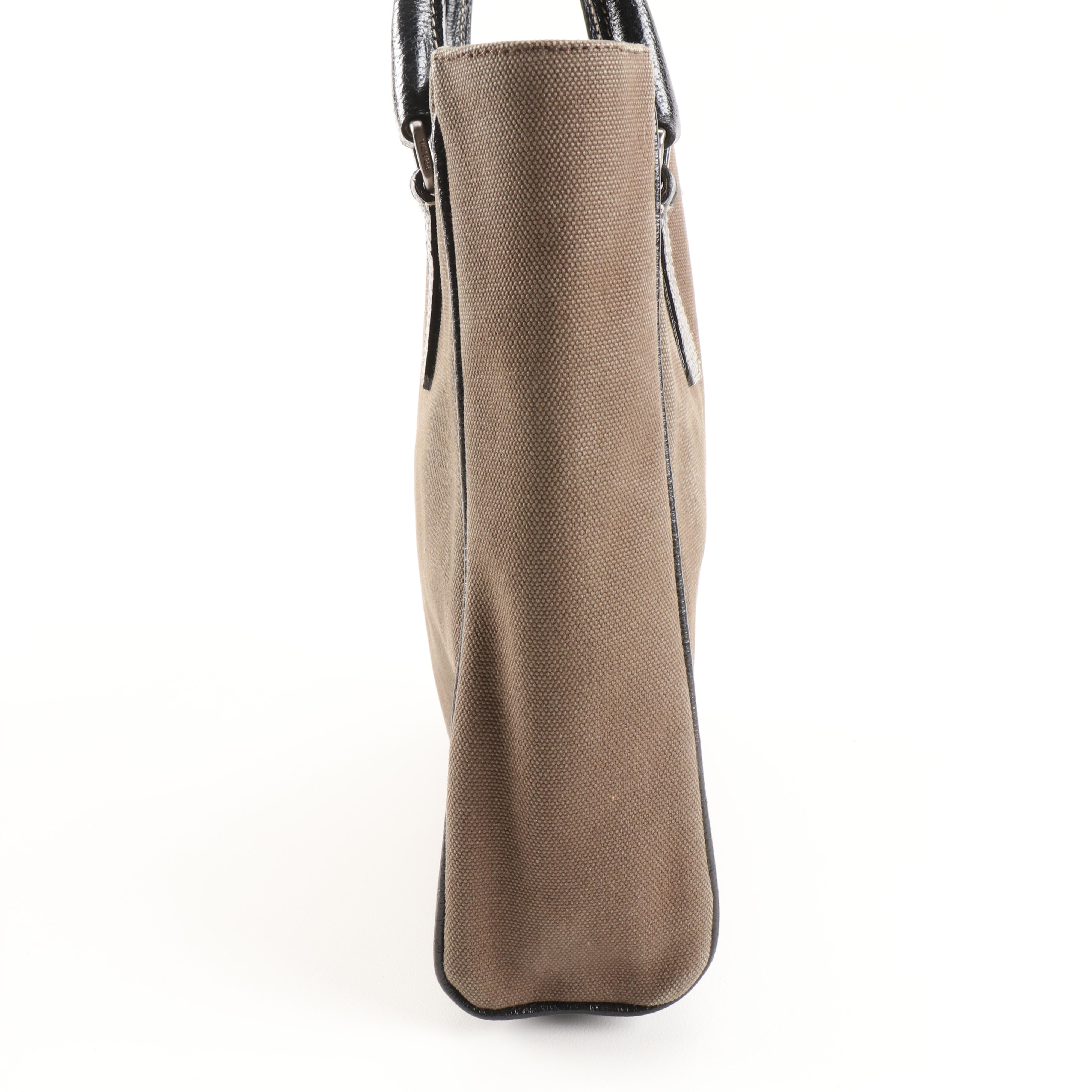 Prada Tote in Fumo Canapa Canvas and Nero Cinghiale Leather Trim