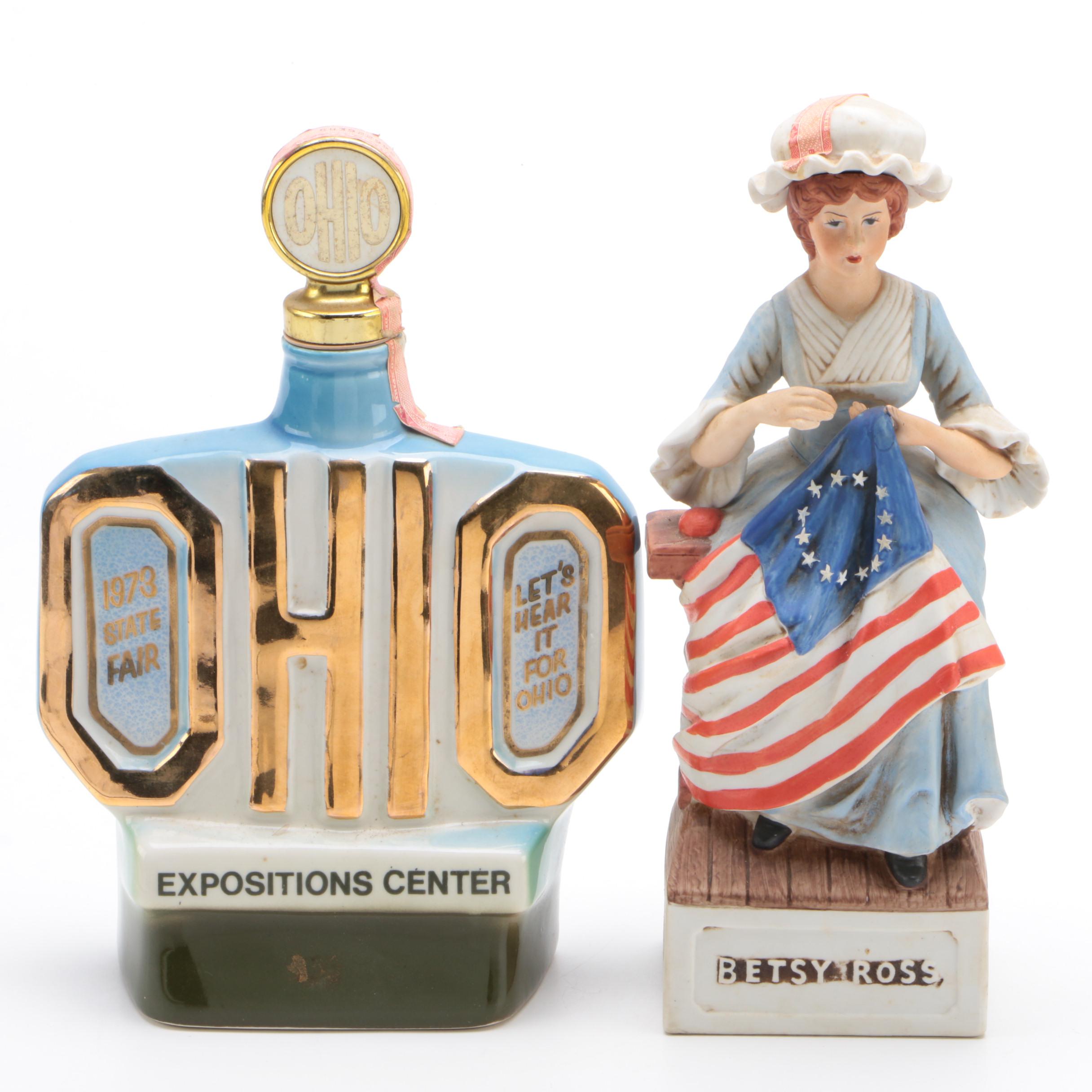Jim Beam, and McCormick Ceramic Whiskey Decanters with Betsy Ross Sewing Flag
