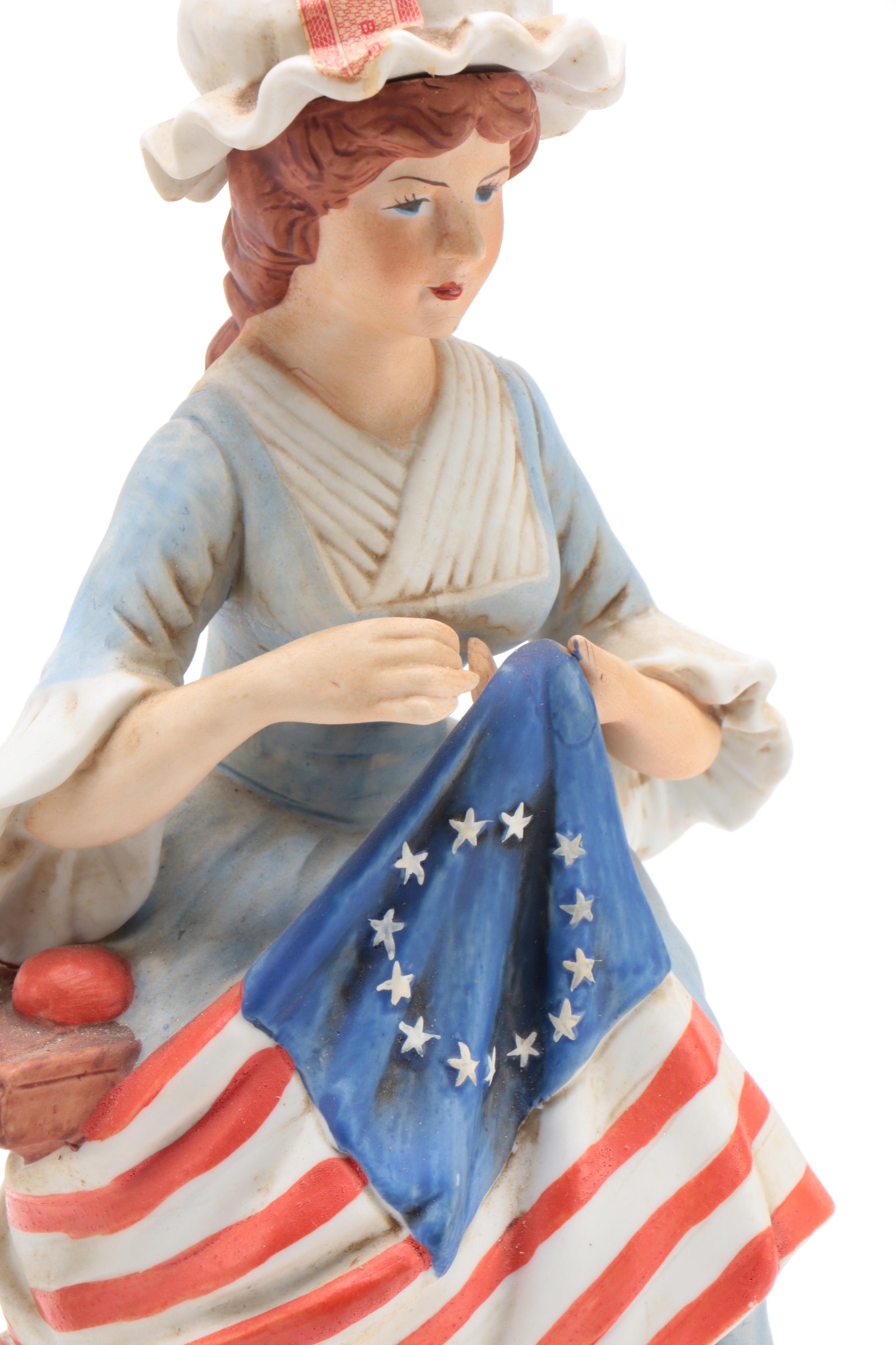 Jim Beam, and McCormick Ceramic Whiskey Decanters with Betsy Ross Sewing Flag