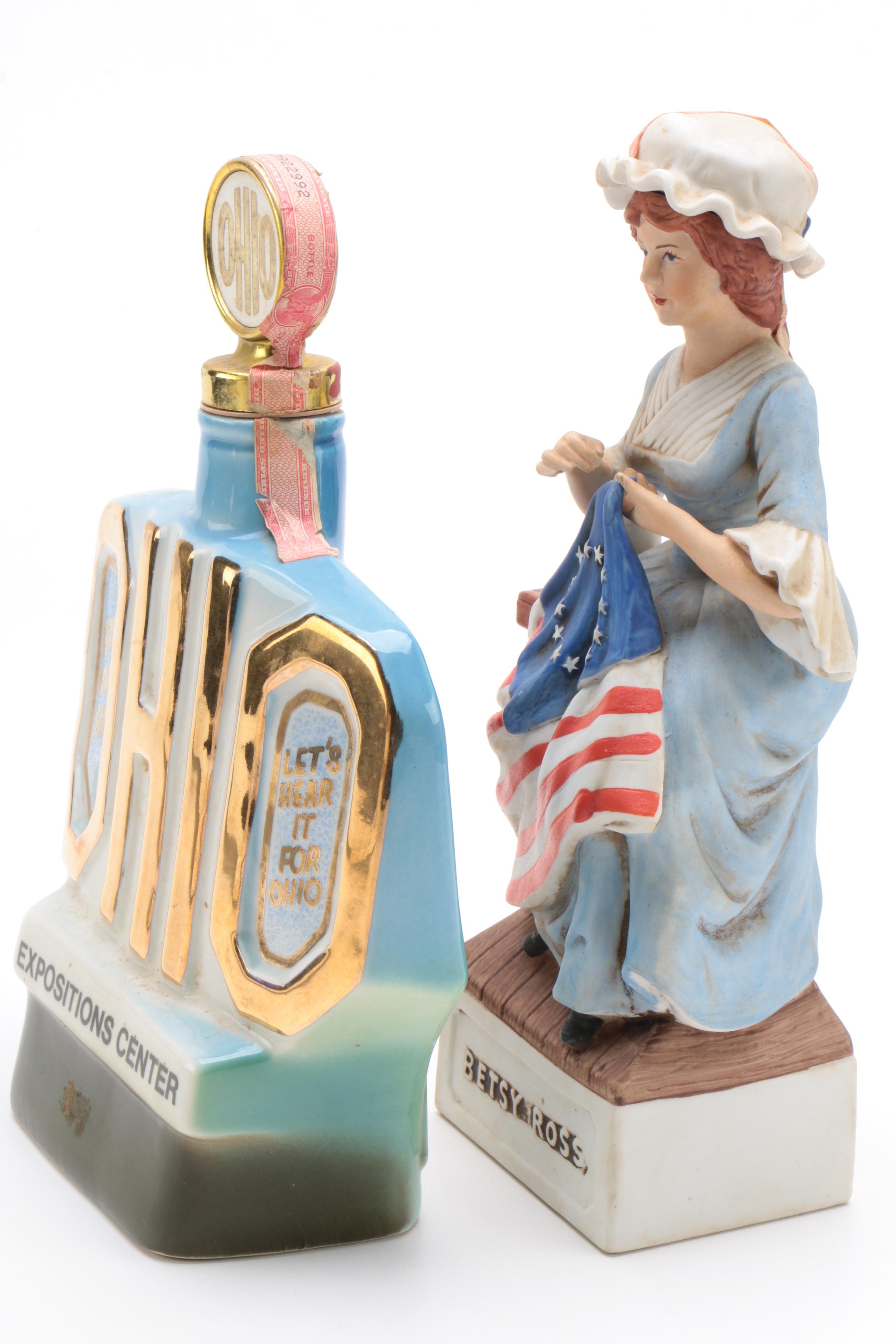 Jim Beam, and McCormick Ceramic Whiskey Decanters with Betsy Ross Sewing Flag