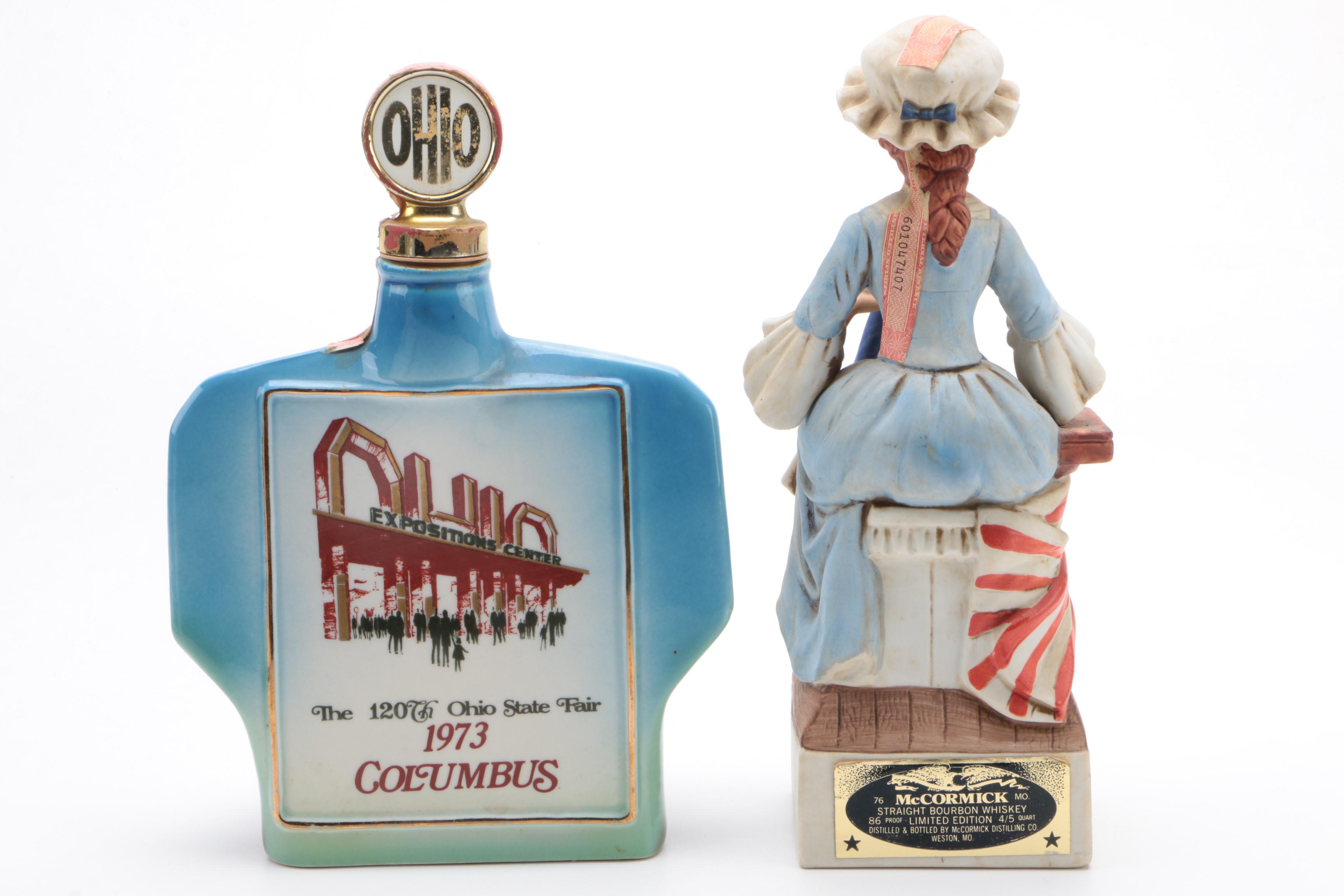 Jim Beam, and McCormick Ceramic Whiskey Decanters with Betsy Ross Sewing Flag