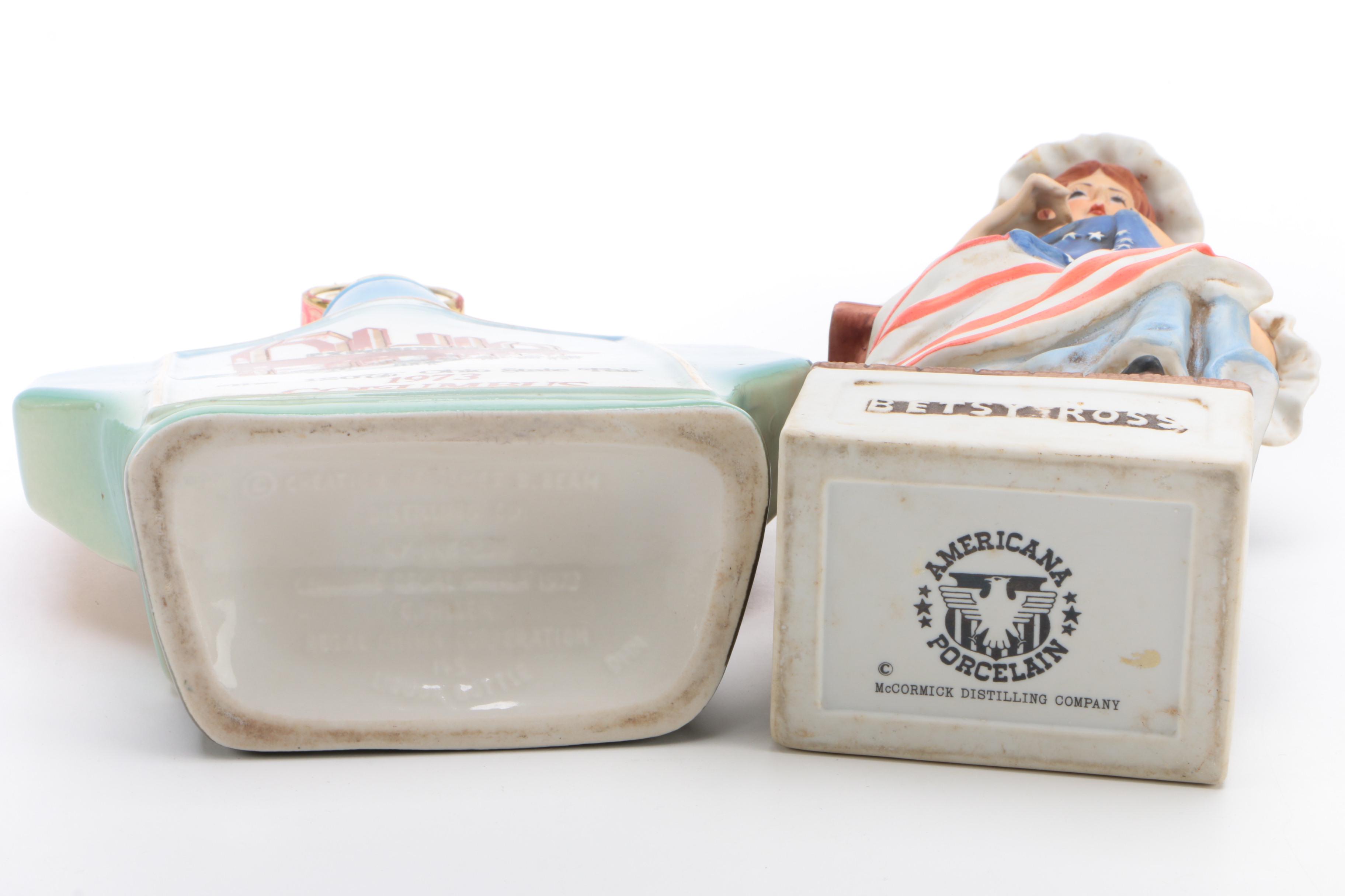 Jim Beam, and McCormick Ceramic Whiskey Decanters with Betsy Ross Sewing Flag