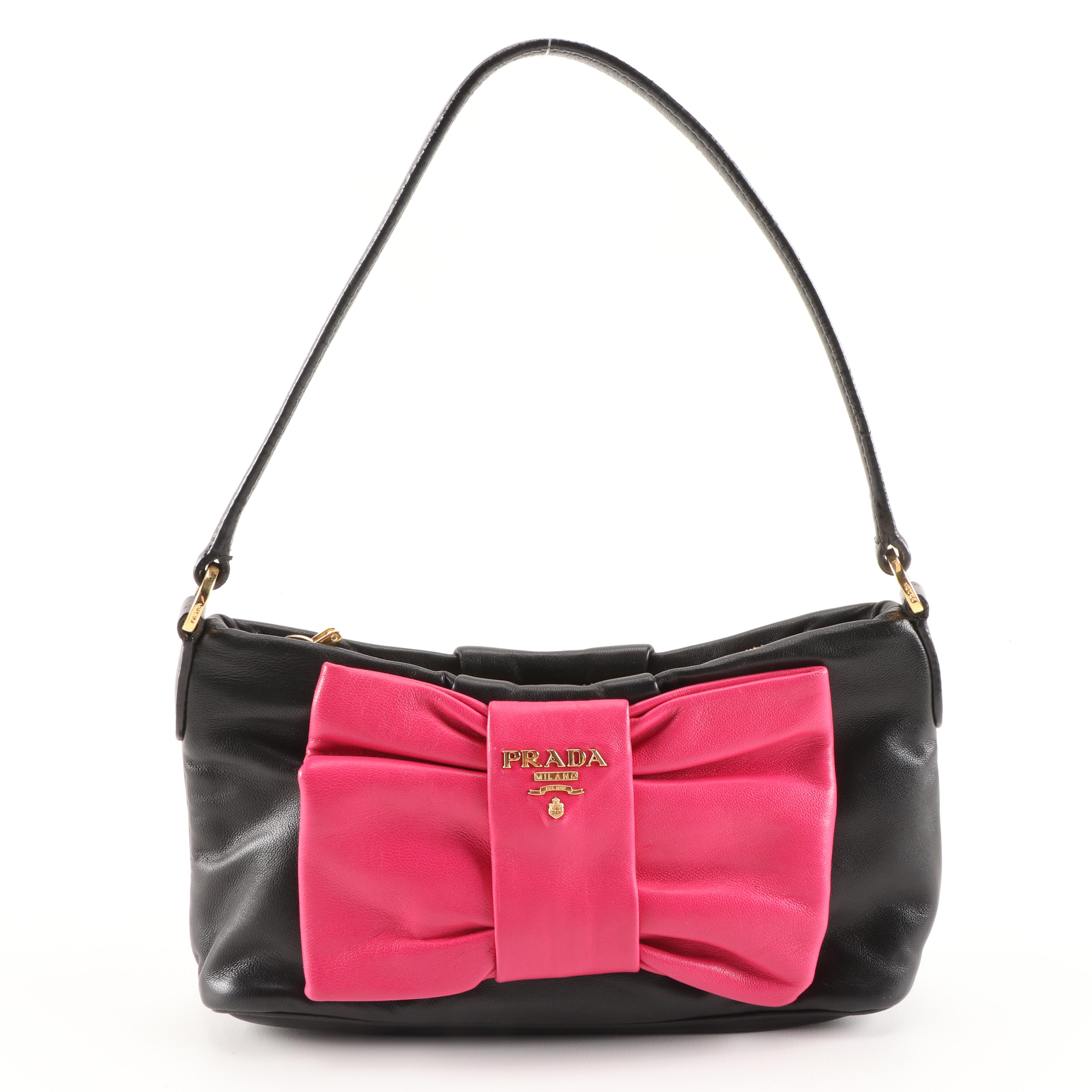 Prada Bow Pochette Handbag in Black and Pink Nappa Leather