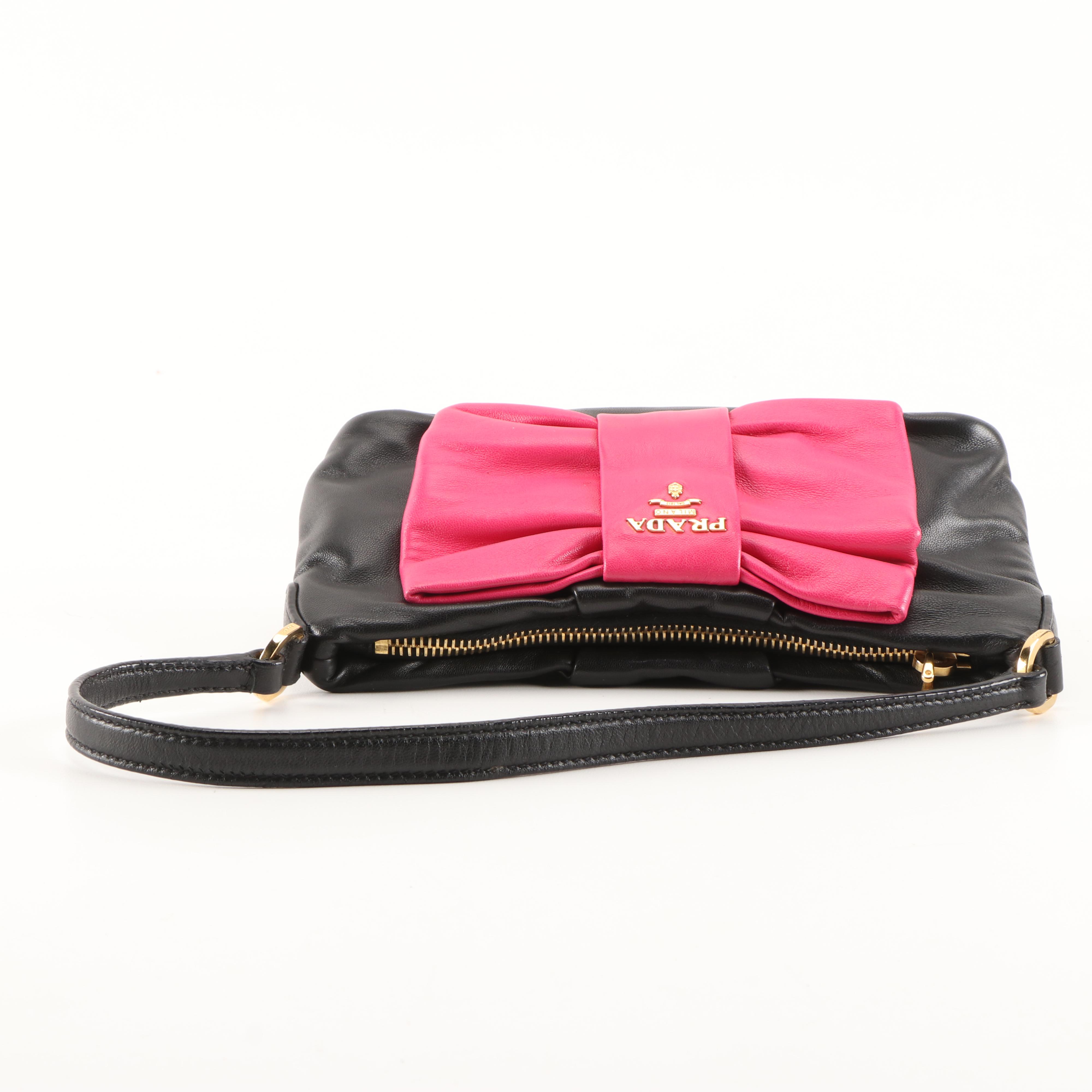 Prada Bow Pochette Handbag in Black and Pink Nappa Leather