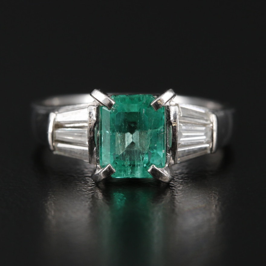 Platinum 1.01 CT Emerald Ring with Diamond Shoulders