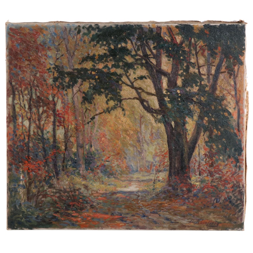 August Lundberg Forest Landscape Oil Painting, Late 19th to Early 20th Century