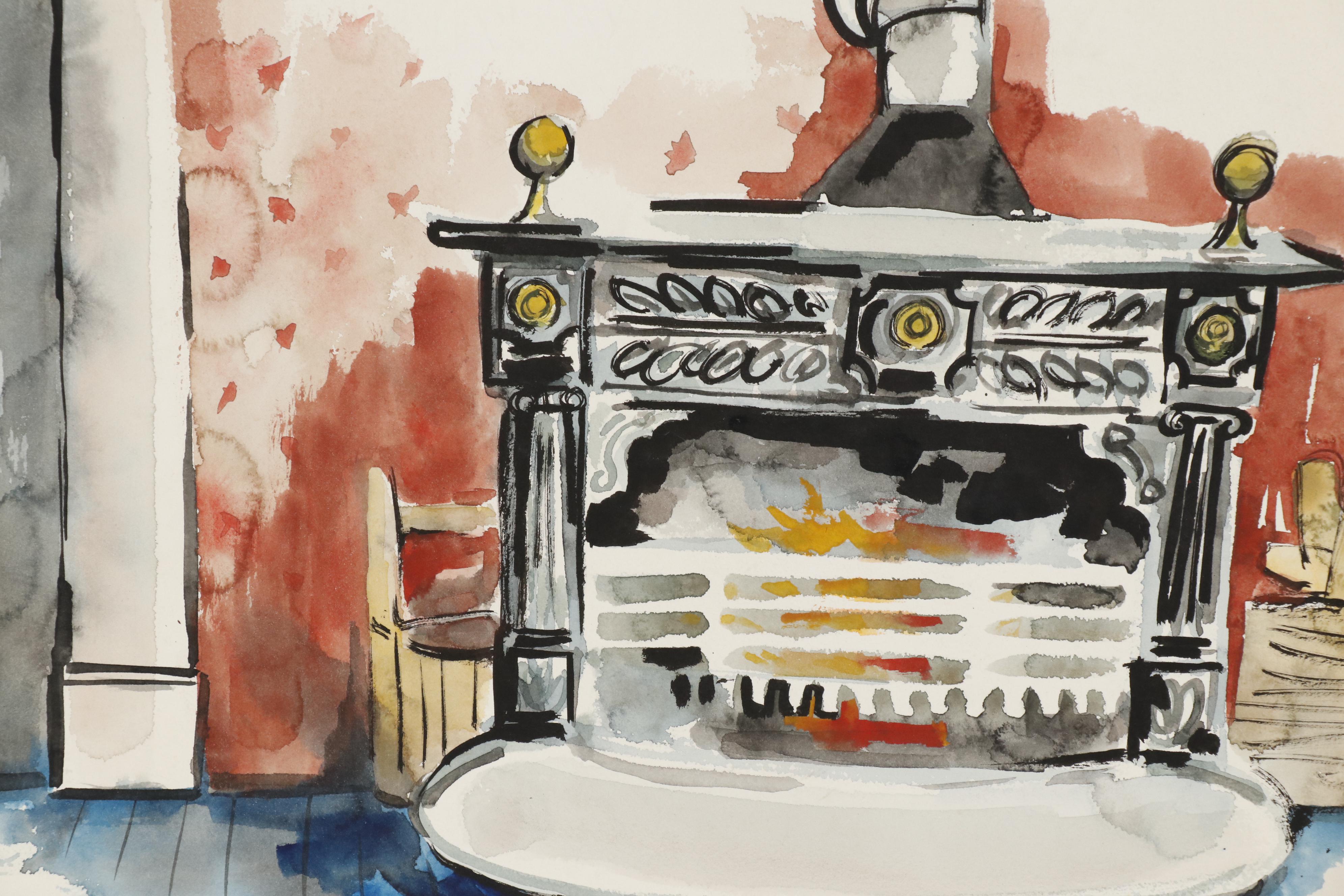 Leonard Maurer Ink and Watercolor Painting of Antique Wood Burning Stove, 1954