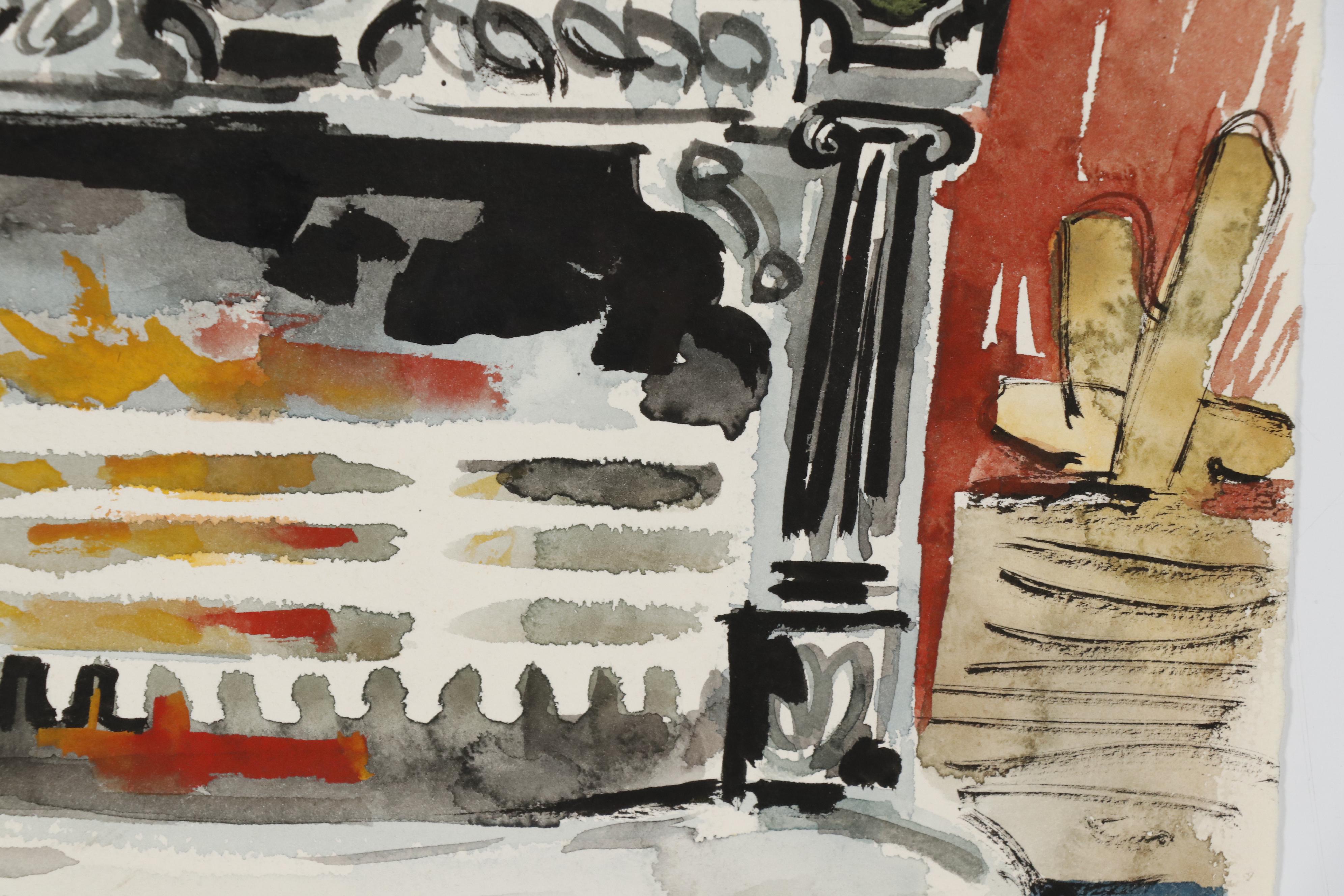 Leonard Maurer Ink and Watercolor Painting of Antique Wood Burning Stove, 1954