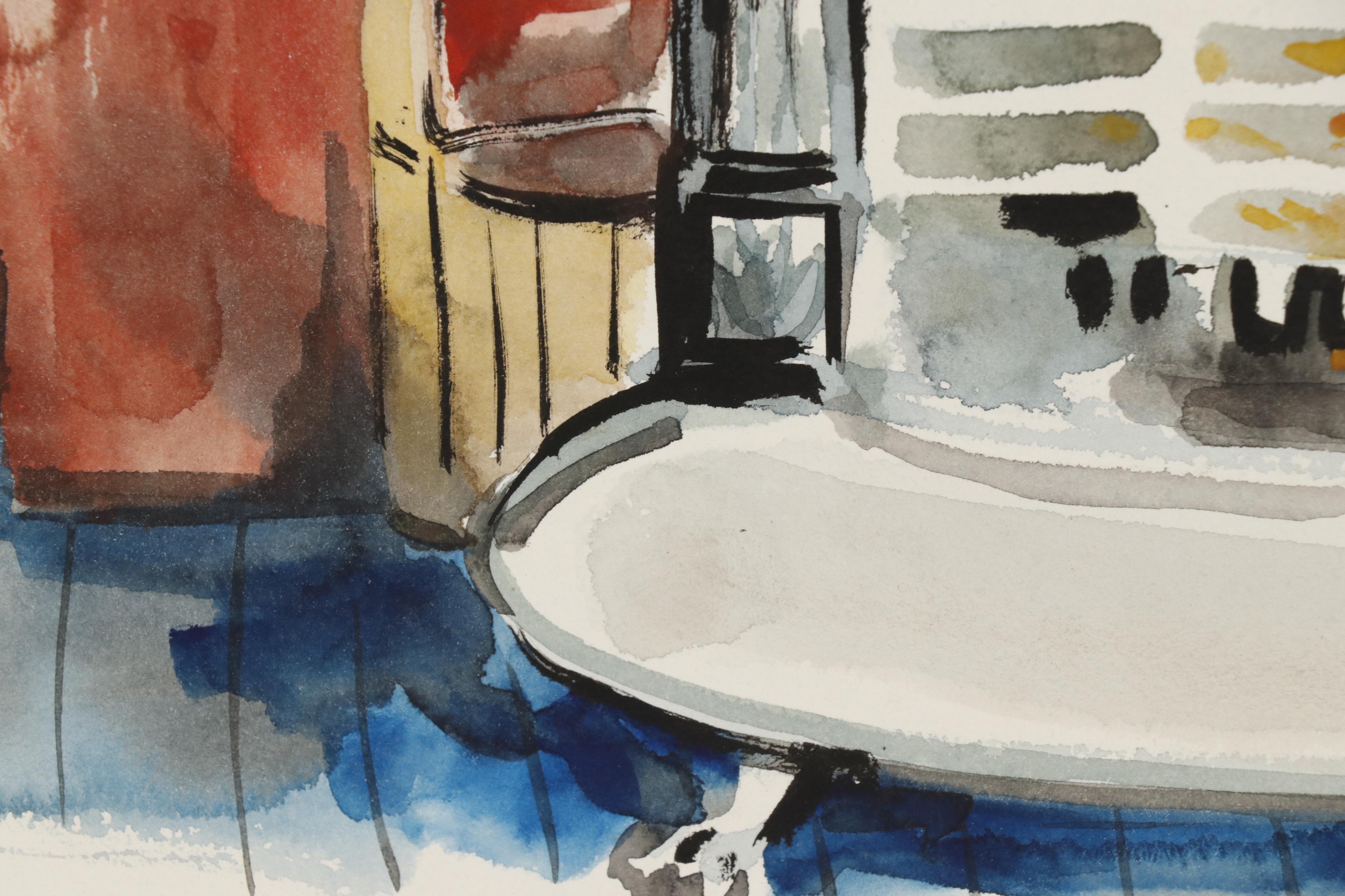 Leonard Maurer Ink and Watercolor Painting of Antique Wood Burning Stove, 1954